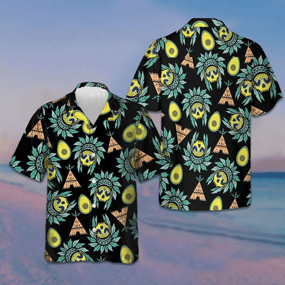 Summer Pineapple Native American Skull Hawaiian Shirt Summer Button Down Shirts Mens