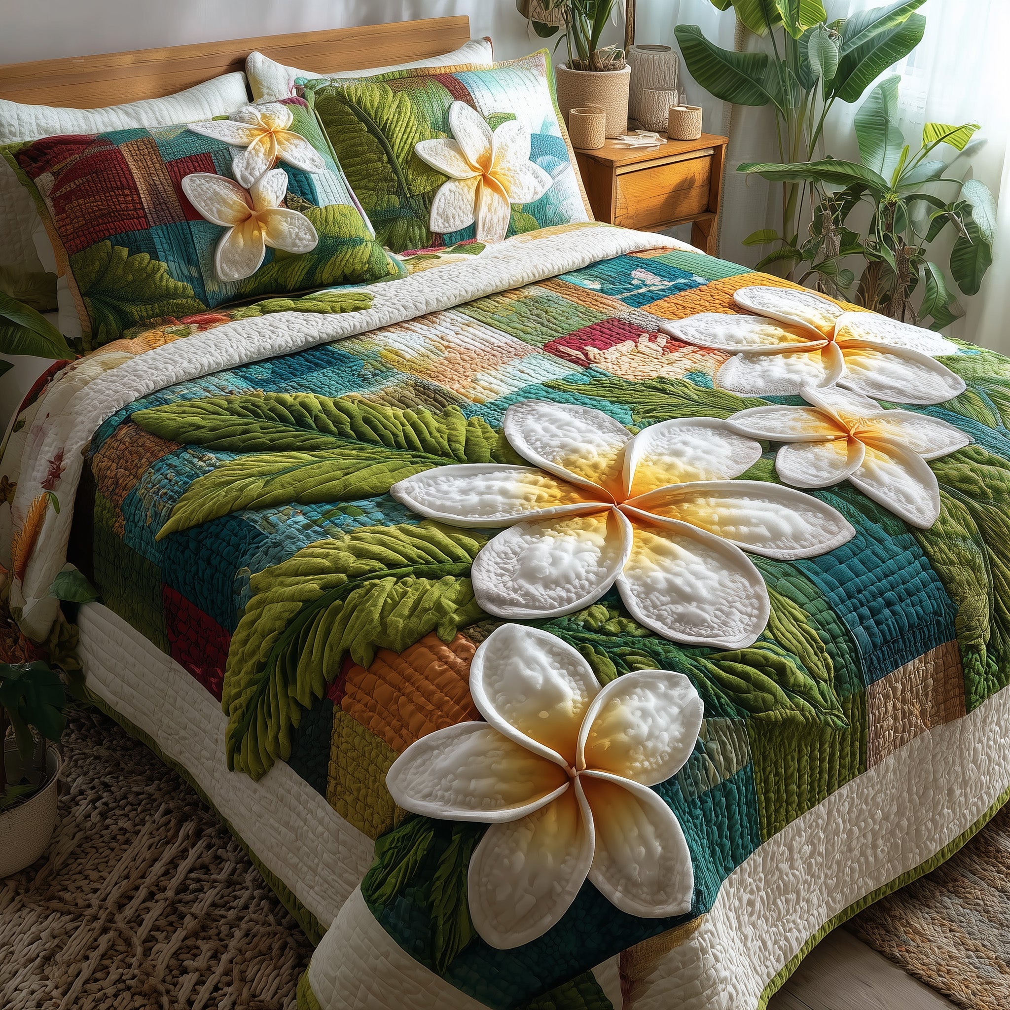 Summer Plumeria Quilted Bedding Set For Couples