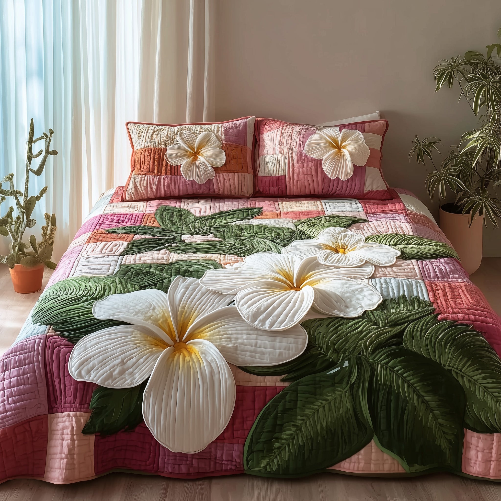 Summer Plumeria Quilted Bedding Set For Family