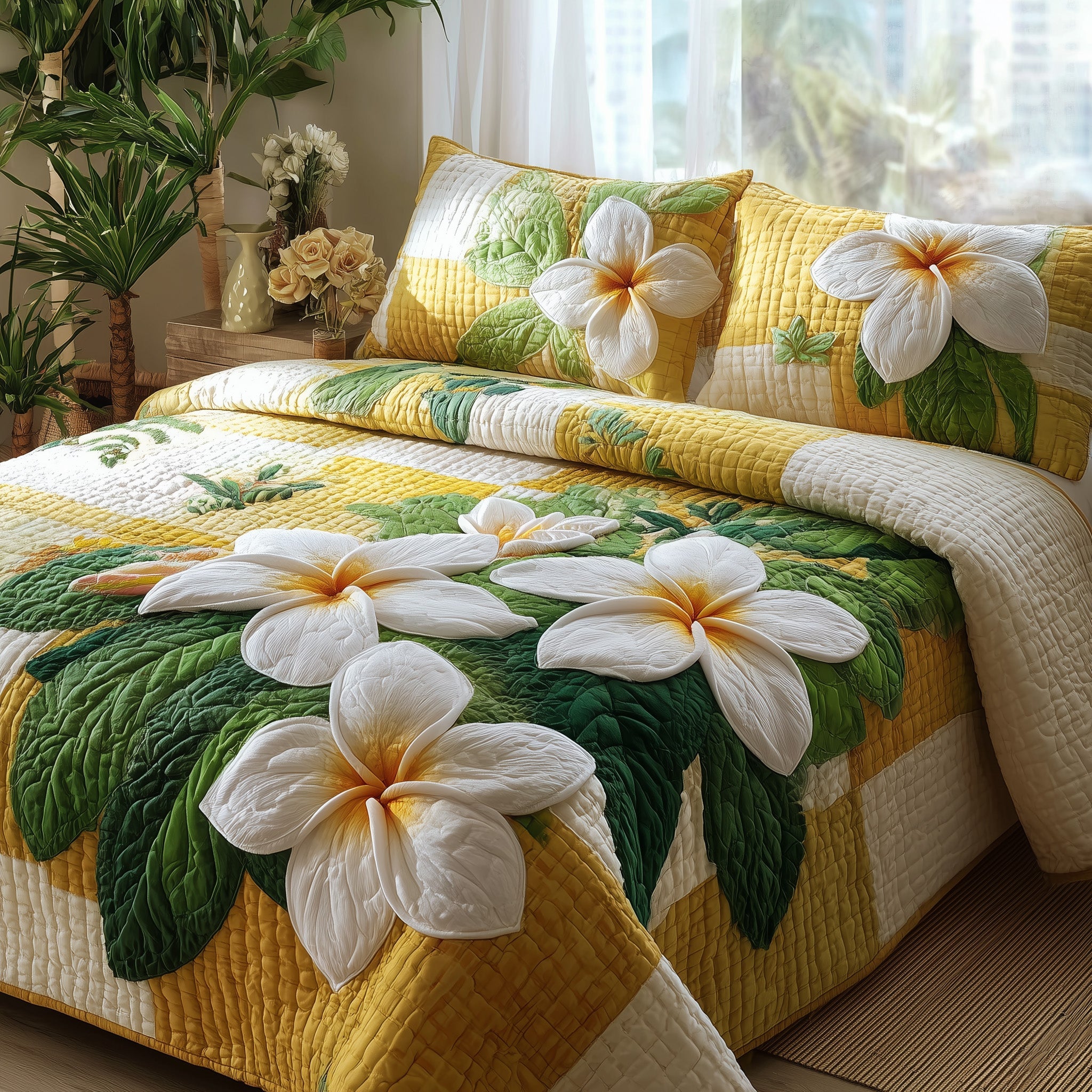 Summer Plumeria Quilted Bedding Set Relaxing Sleep