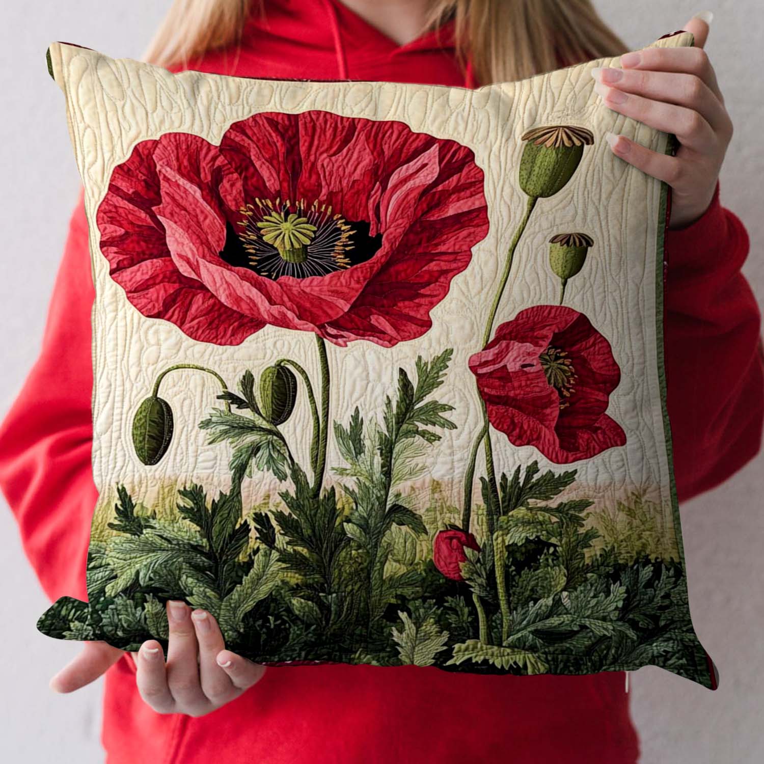 Summer Poppy Field Quilted Pillow Case Decorative Throw Pillow Case
