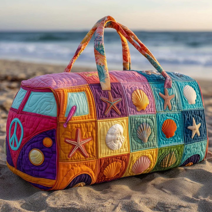 Summer Seashell VW Bus Quilted Duffle Bag Beach Travel Bag Best Gift For Beach Ocean Lovers