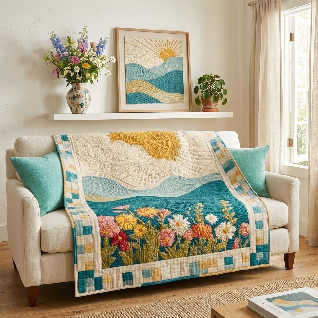 Summer Sunshine Wildflower Quilted Blanket Ocean Meadow Decor Best Gift For Nature Lover