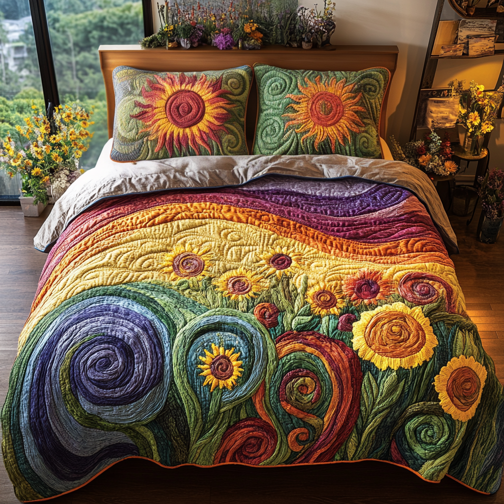 Summer Waves Quilted Bedding Set Aesthetic Room Decor Sunflower Gift Items
