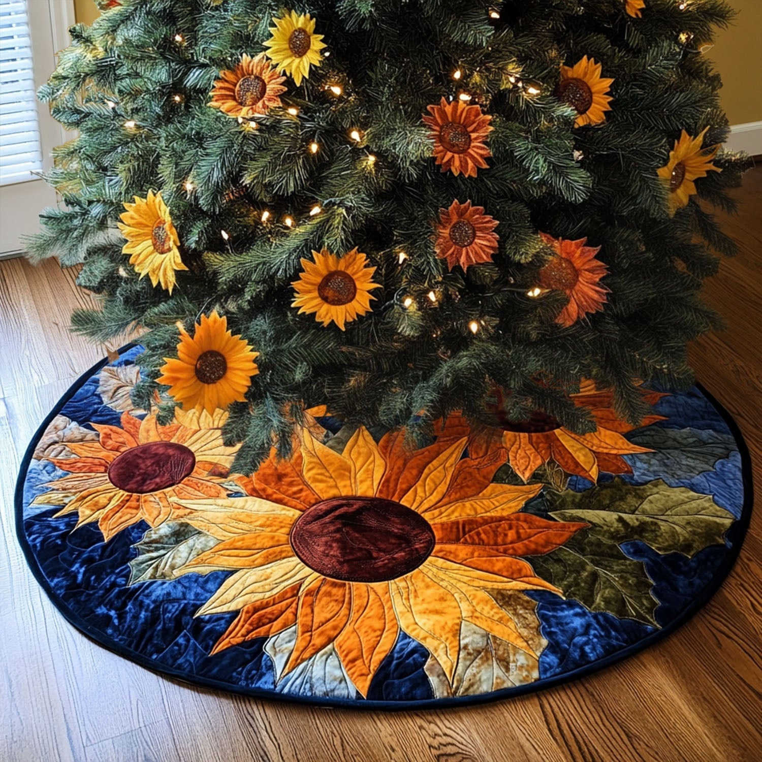Summers Glow Quilted Christmas Tree Skirt Unique Holiday Gift Idea with Quilted Tree Skirt