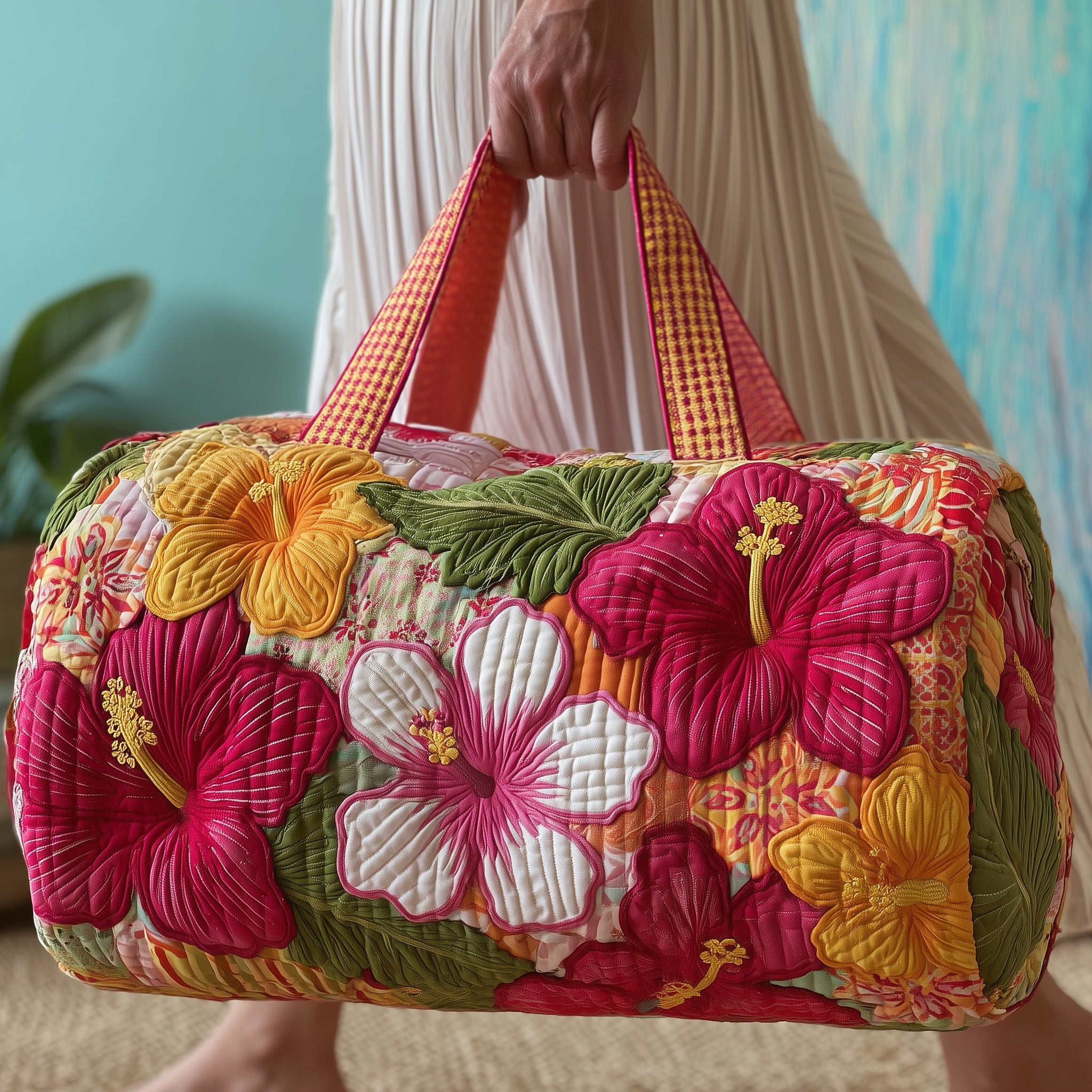 Summertime Hibiscus Quilted Duffle Bag Holiday Gift Idea