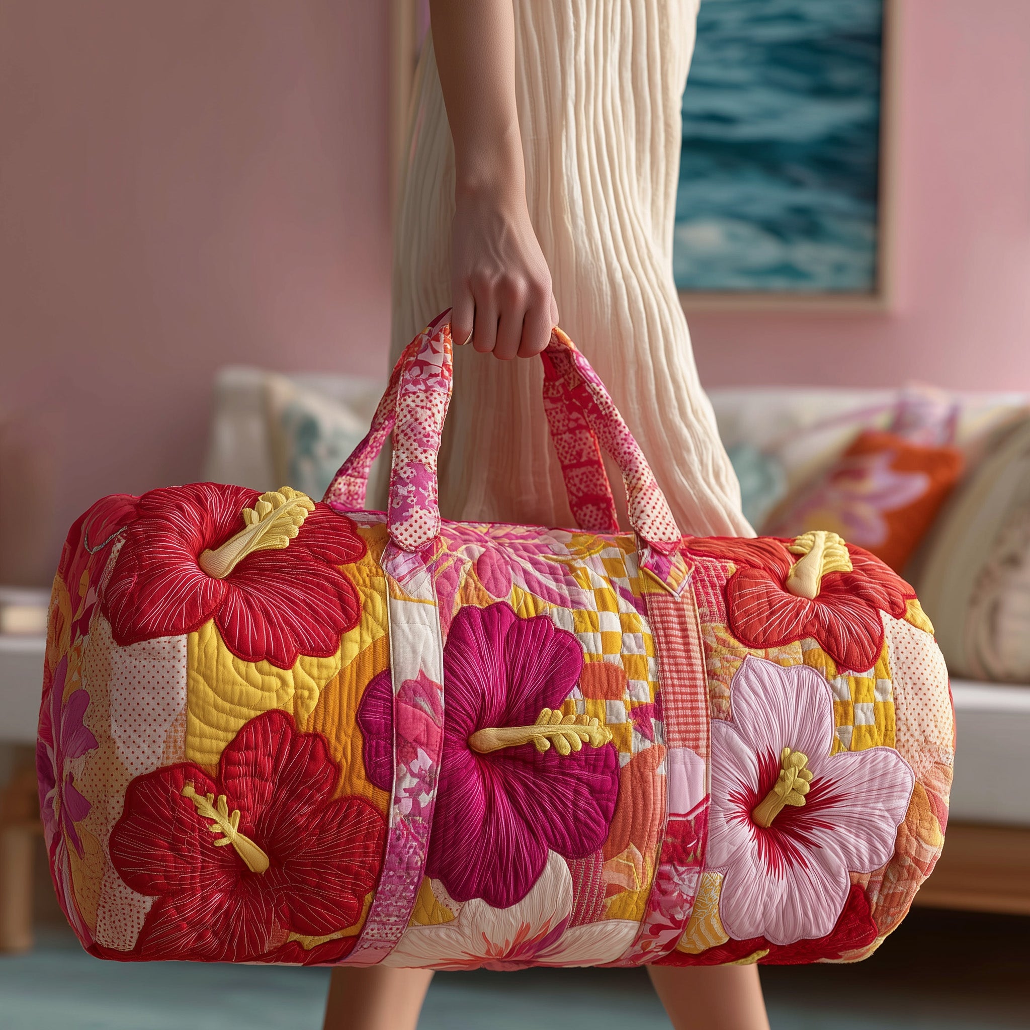 Summertime Hibiscus Quilted Duffle Bag New Year Gift Idea