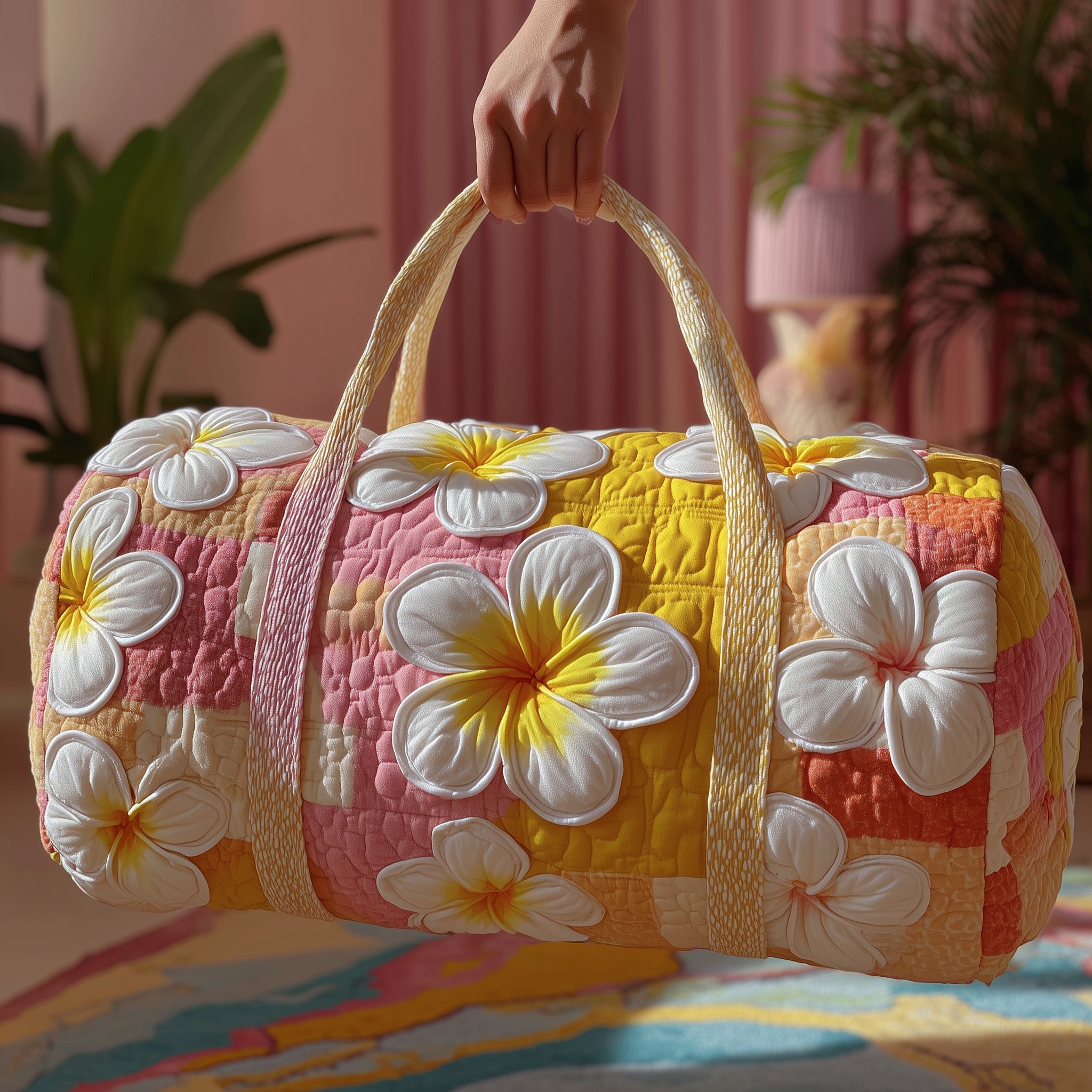 Summertime Plumeria Quilted Duffle Bag Independence Day Gift Idea