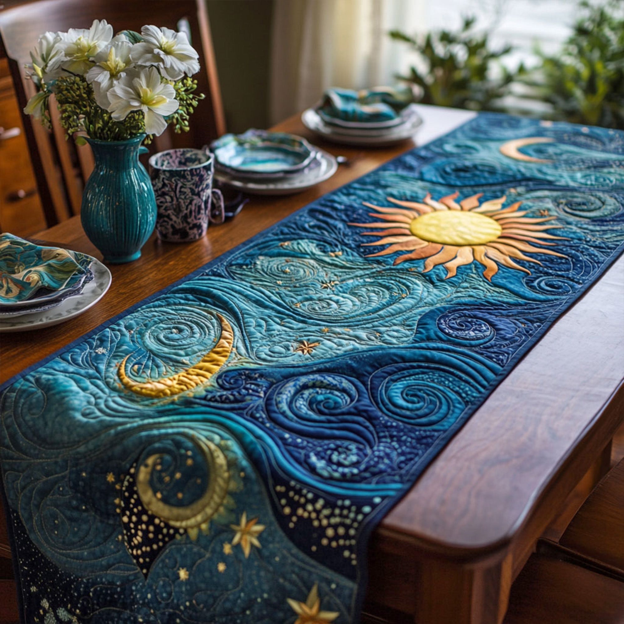 Sun and Moon Flow Quilted Table Runner Dining Table Ideas Themed Gifts For Ocean Lovers