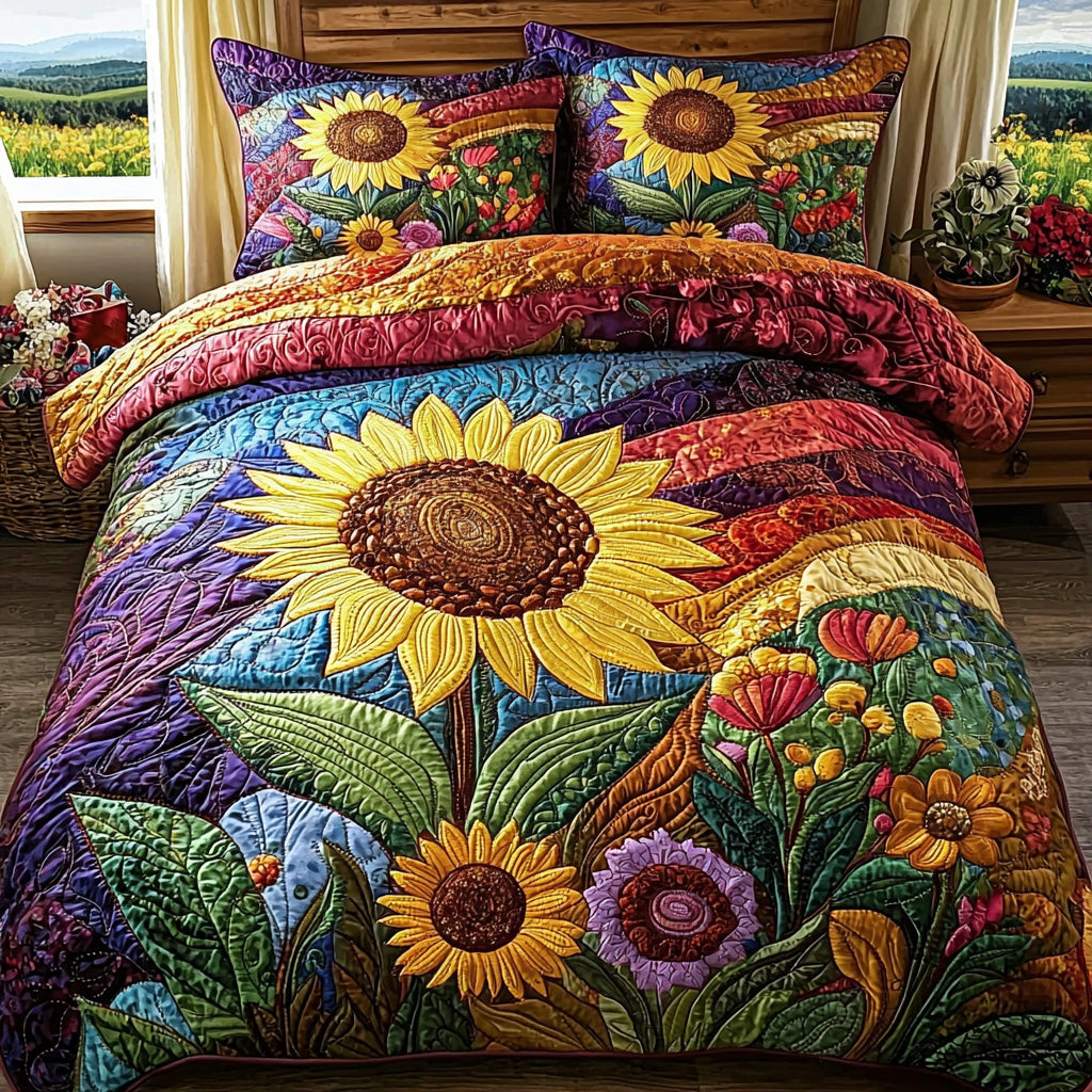 Sun Bloom Quilted Bedding Set Bed Room Decoration Sunflower Theme Gifts Merchandise