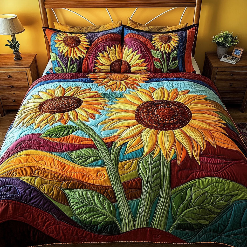 Sun-Kissed Serenity Quilted Bedding Set Bedroom Decor Gifts For Sunflower Lovers