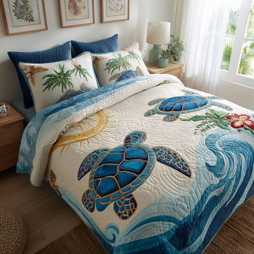 Sun-Kissed Shells Quilted Bedding Set Bedroom Decorations Sea Turtle Gift Ideas For Her