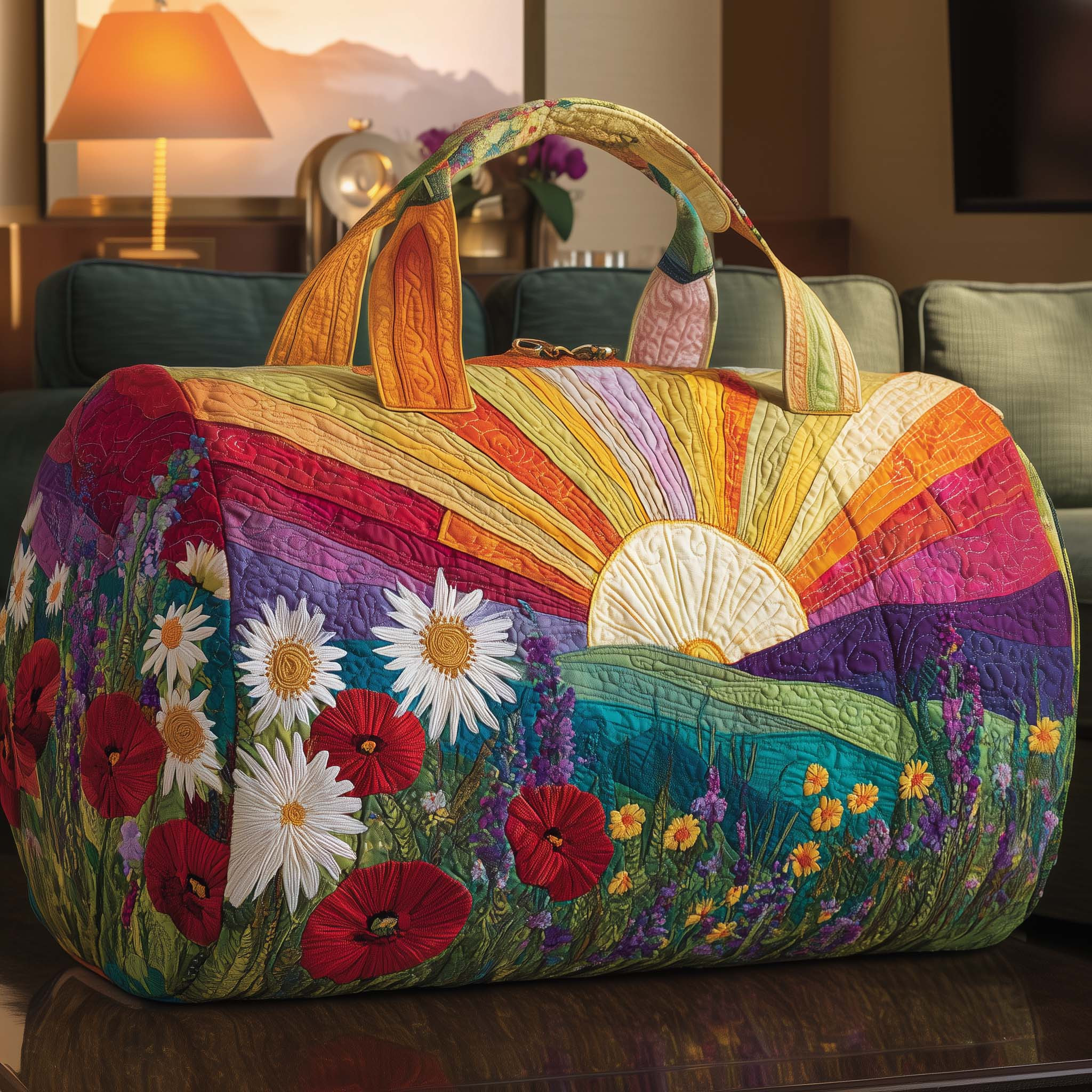 Sun Meadow Daisy Poppy Quilted Duffle Bag Rainbow Sunrise Wildflower Bag Best Gift For Women Her