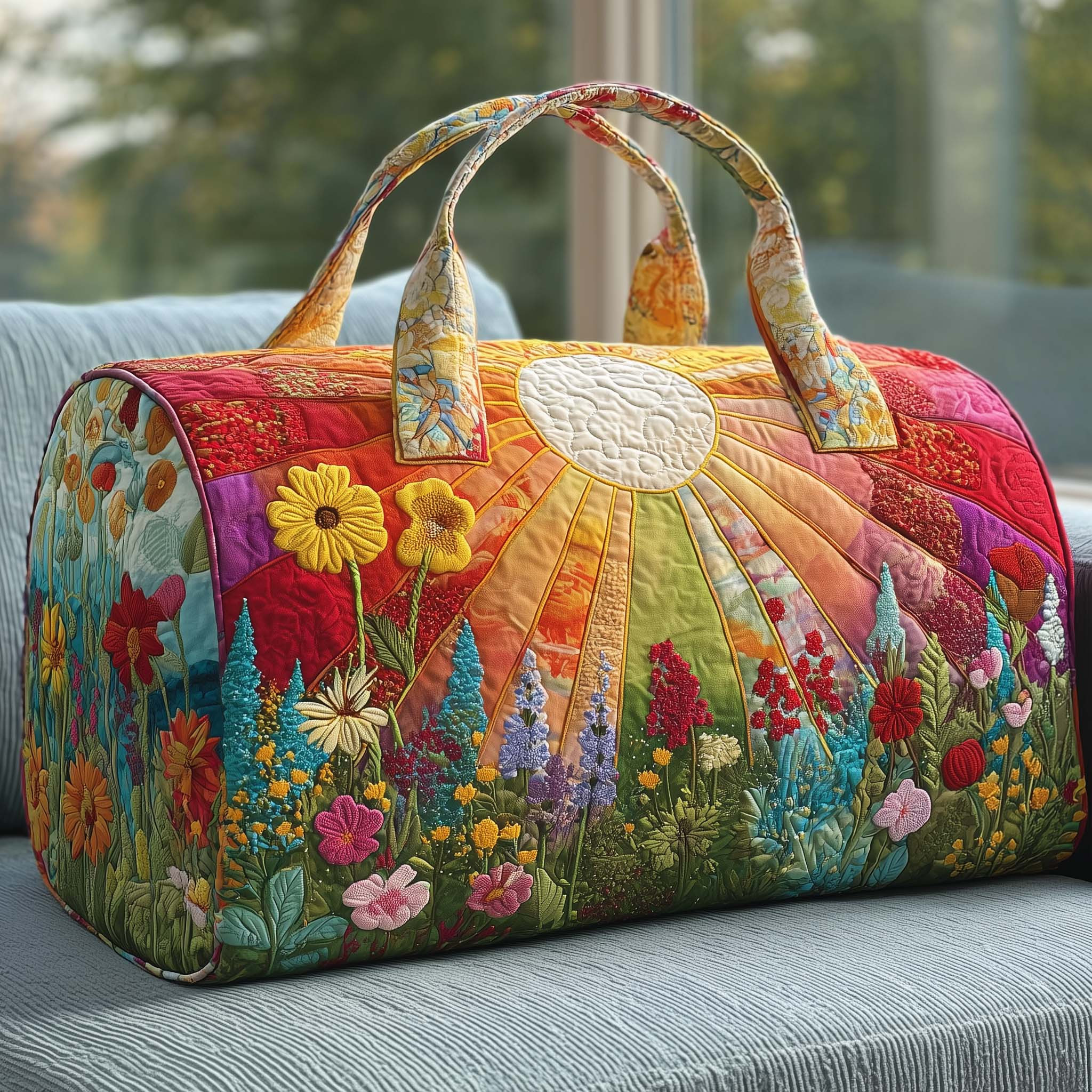 Sun Meadow Garden Flower Quilted Duffle Bag Rainbow Sunburst Floral Bag Best Gift Ideas For Her