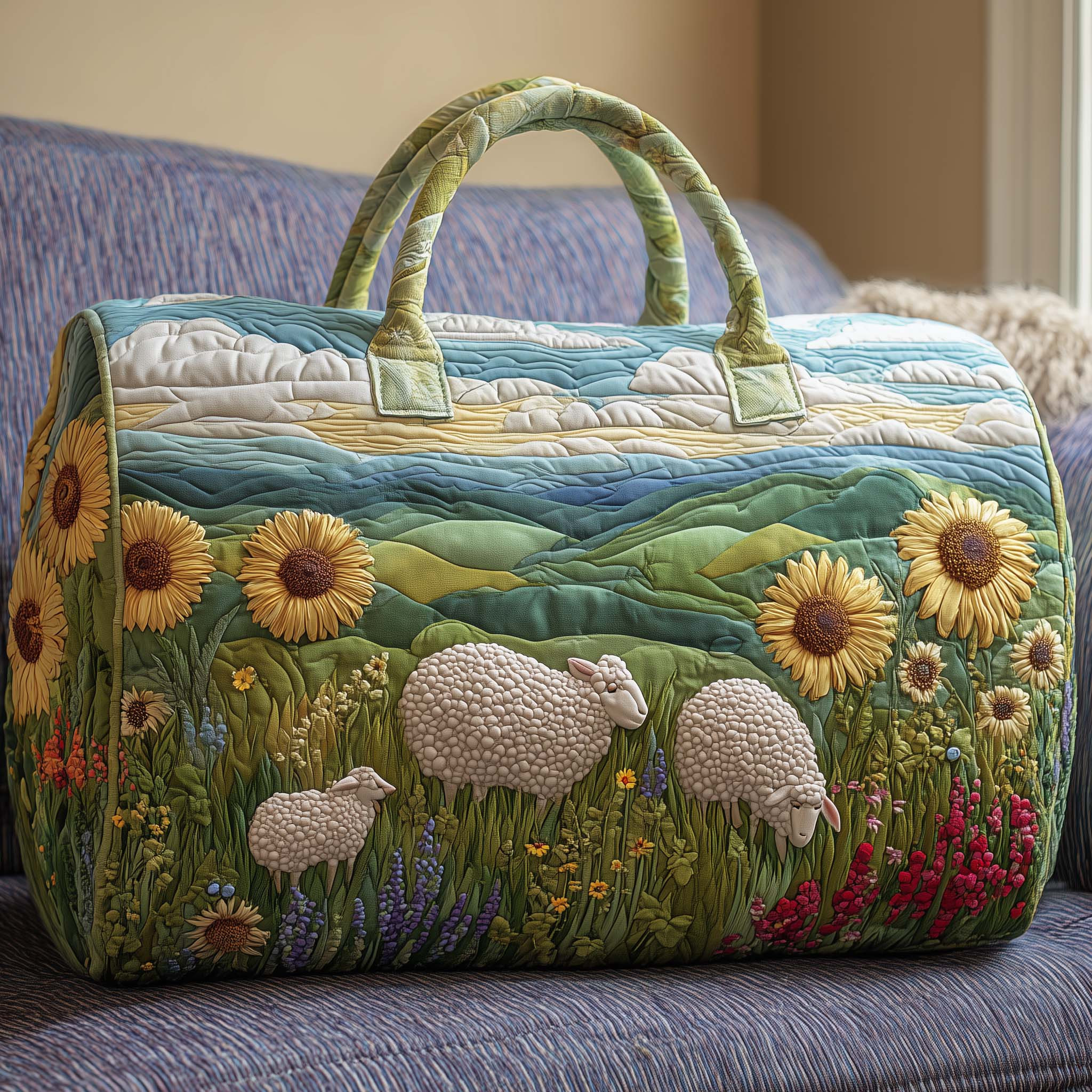 Sun Meadow Quilted Duffle Bag Sunflower Sheep Rolling Hills Travel Bag Best Gift For Nature Lovers