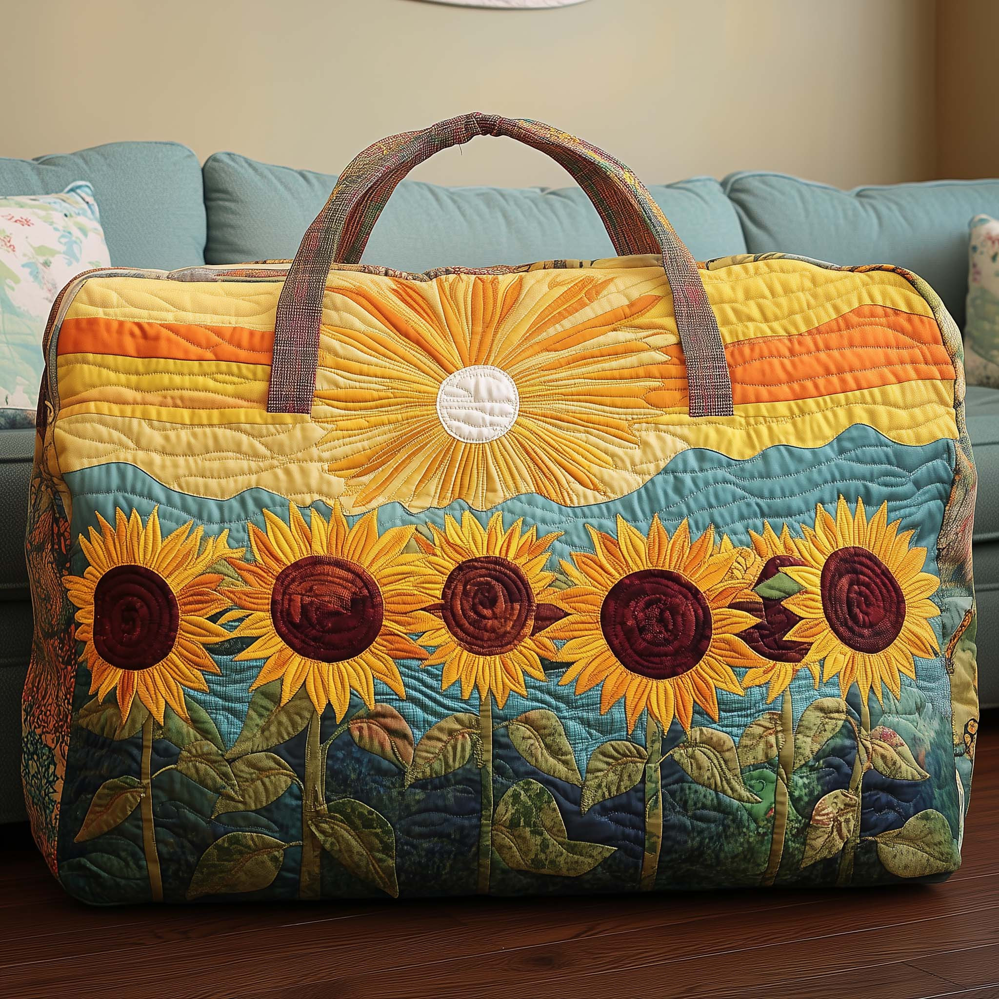 Sun Meadow Sunflower Field Quilted Duffle Bag Yellow Sky Travel Bag Cute Gift Ideas For Sunflower Lovers