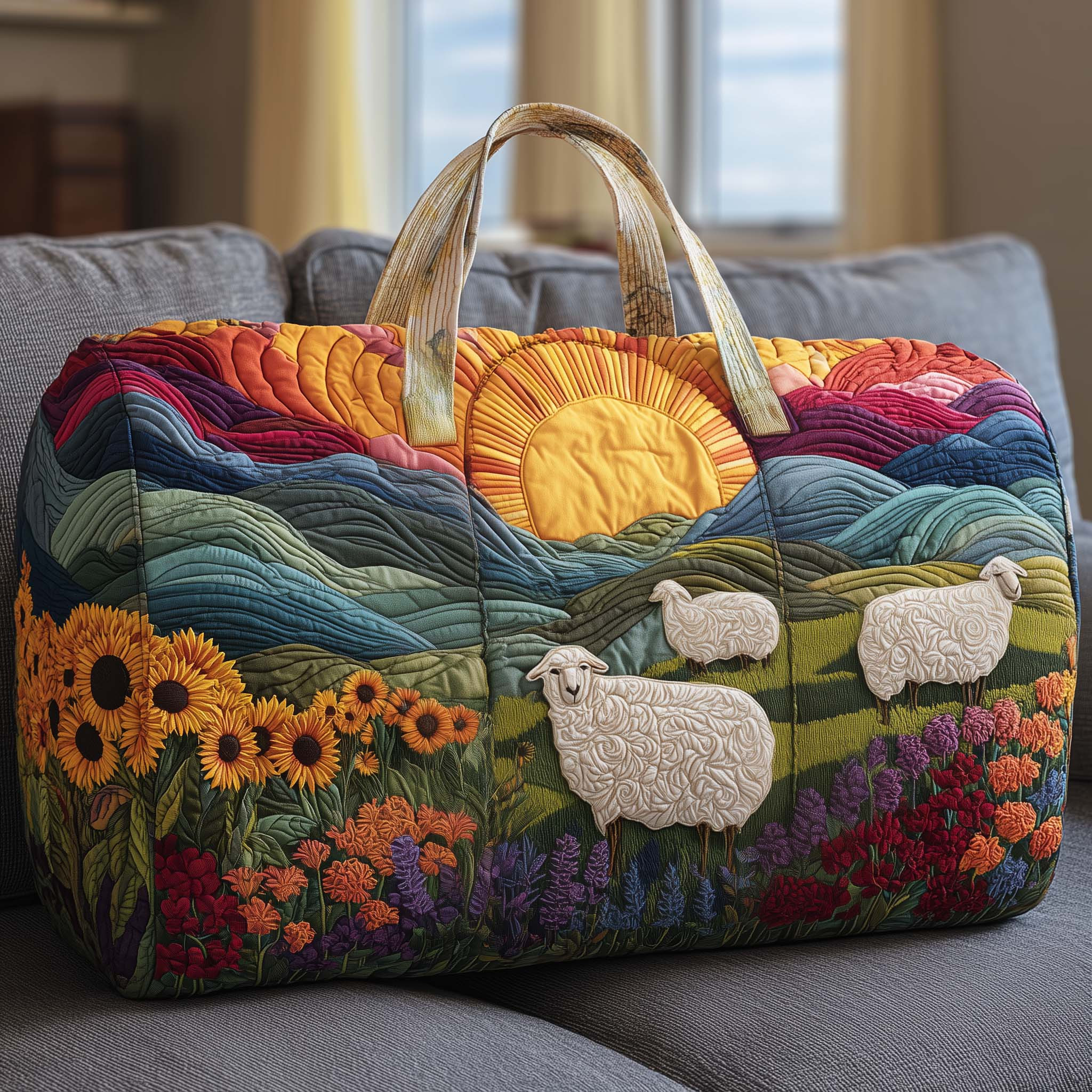 Sun Meadow Sunset Quilted Duffle Bag Sunflower Sheep Colorful Mountains Travel Bag Best Gift For Her