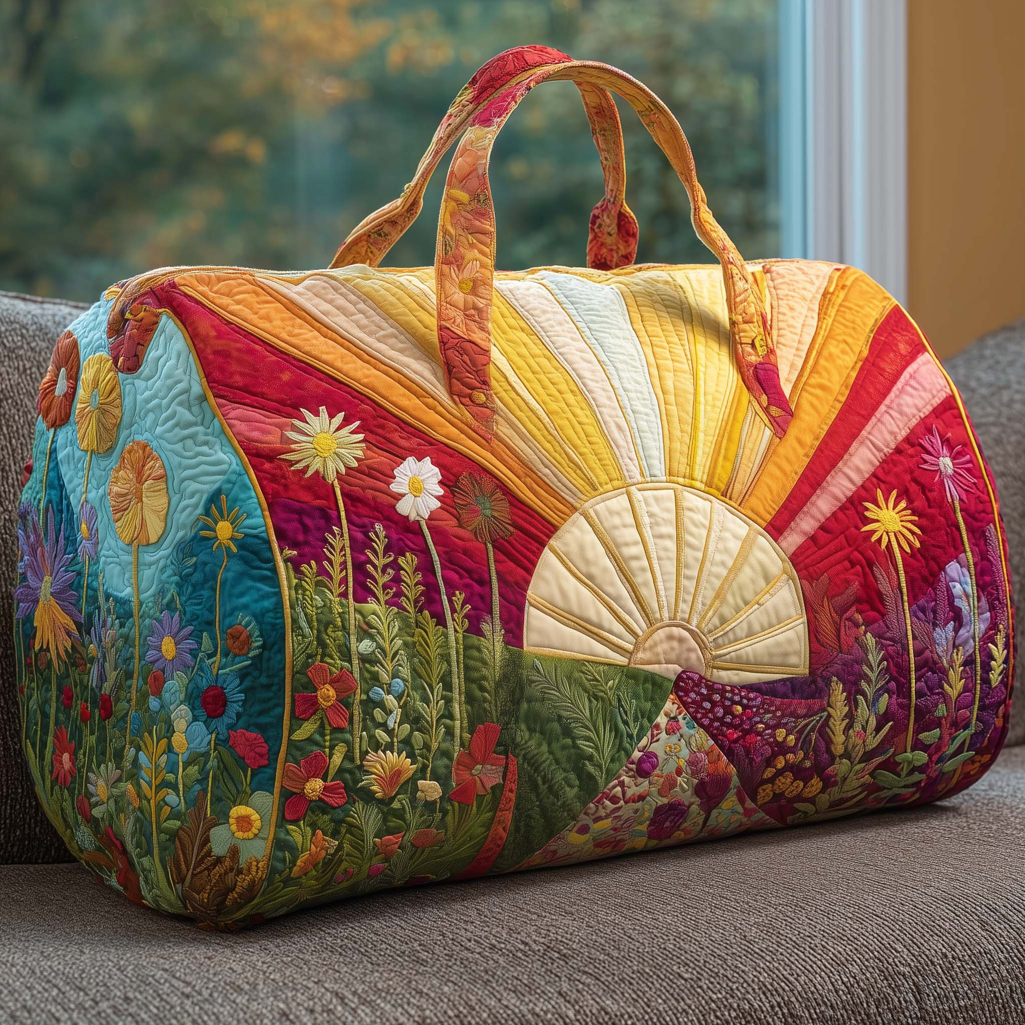 Sun Meadow Wildflower Quilted Duffle Bag Colorful Sunburst Floral Travel Bag Best Gift For Women