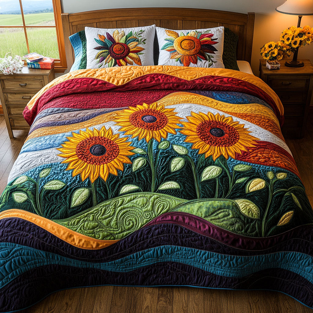 Sunbeam Charm Quilted Bedding Set Cozy Bedroom Decor Sunflower Gifts For Her
