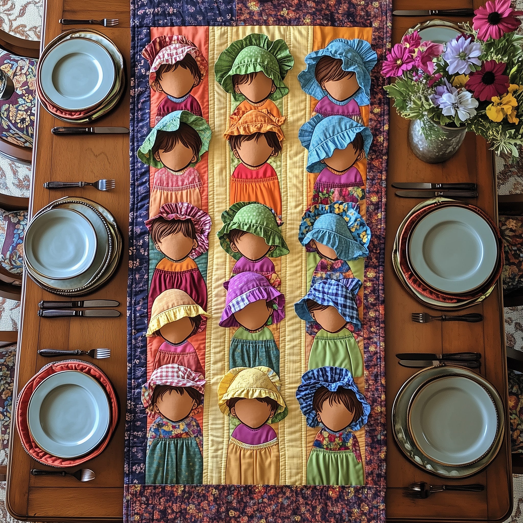 Sunbonnet Cottage Quilted Table Runner Christmas Table Runner for Dining Room