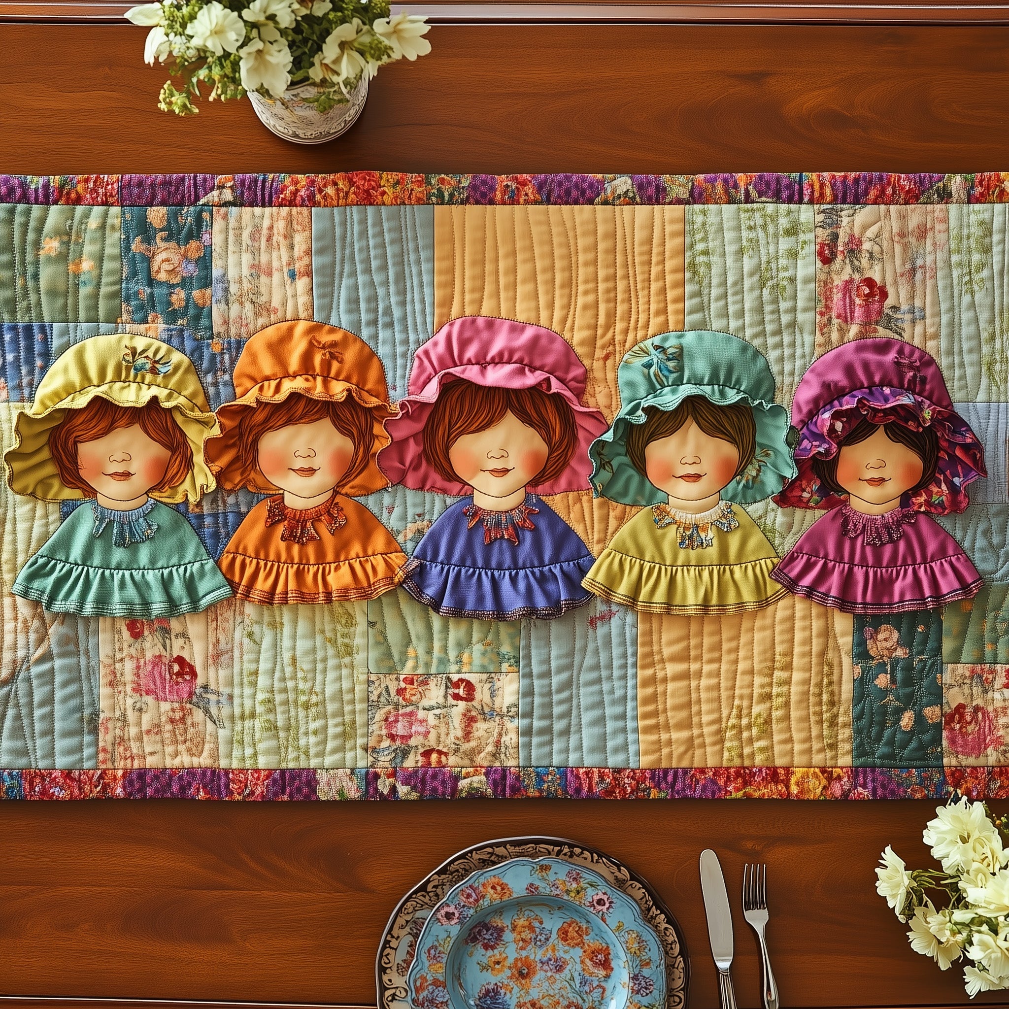 Sunbonnet Cottage Quilted Table Runner Holiday Banquet Table Runner