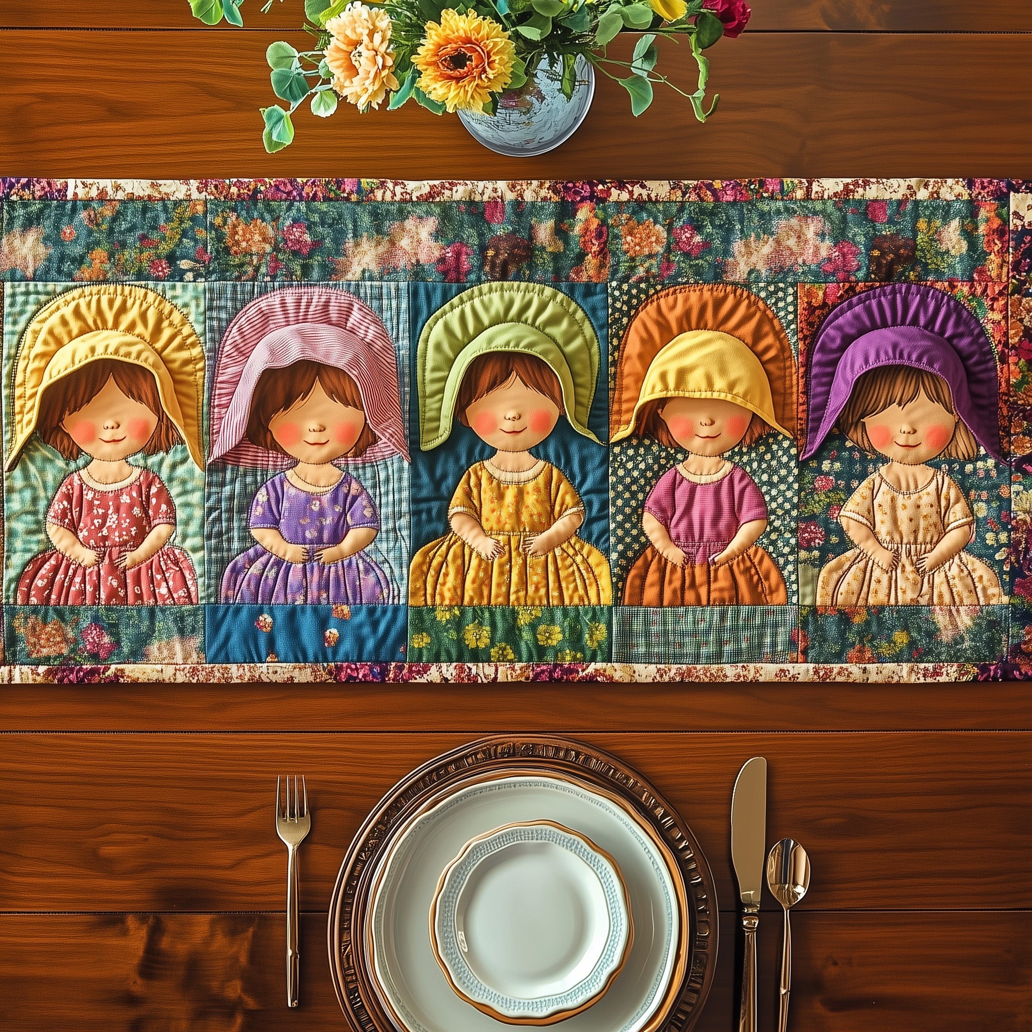 Sunbonnet Cottage Quilted Table Runner Xmas Table Runner for Family Gatherings
