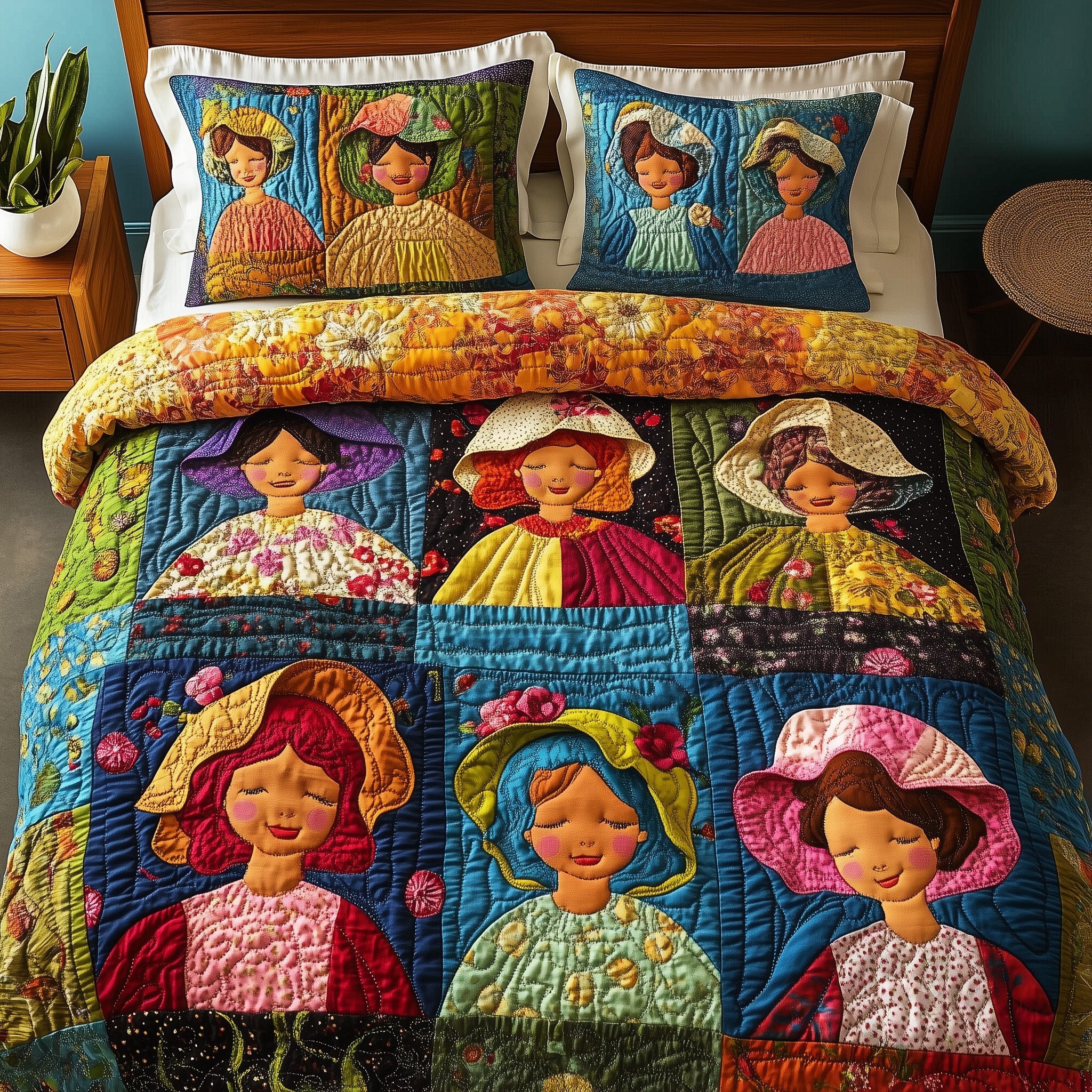 Sunbonnet Quilted Bedding Set Duvet Cover Merchandise Meaningful Christmas Gifts For Boyfriend