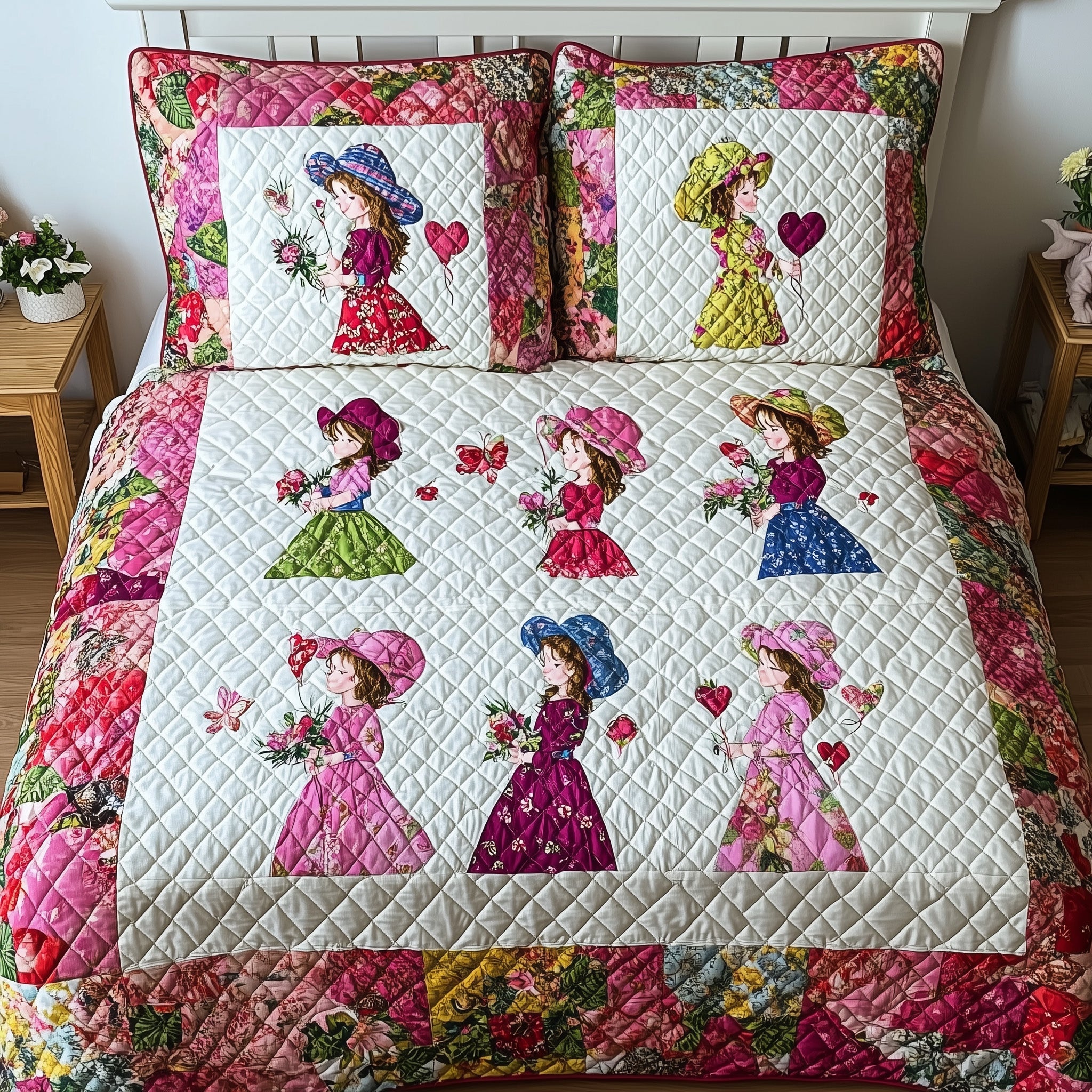 Sunbonnet Sue Patchwork Quilted Bedding Set Duvet Cover Bed Sheet Funny Secret Santa Gifts For Her