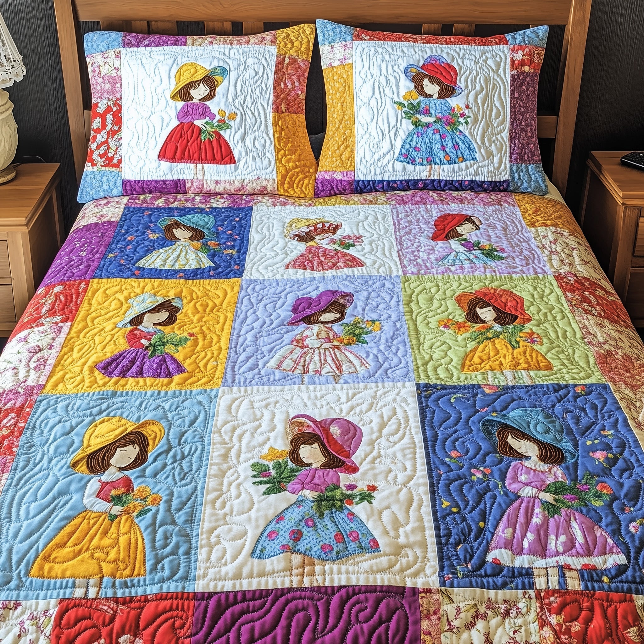 Sunbonnet Sue Patchwork Quilted Bedding Set Duvet Cover Bed Sheet Secret Santa Gifts For Women