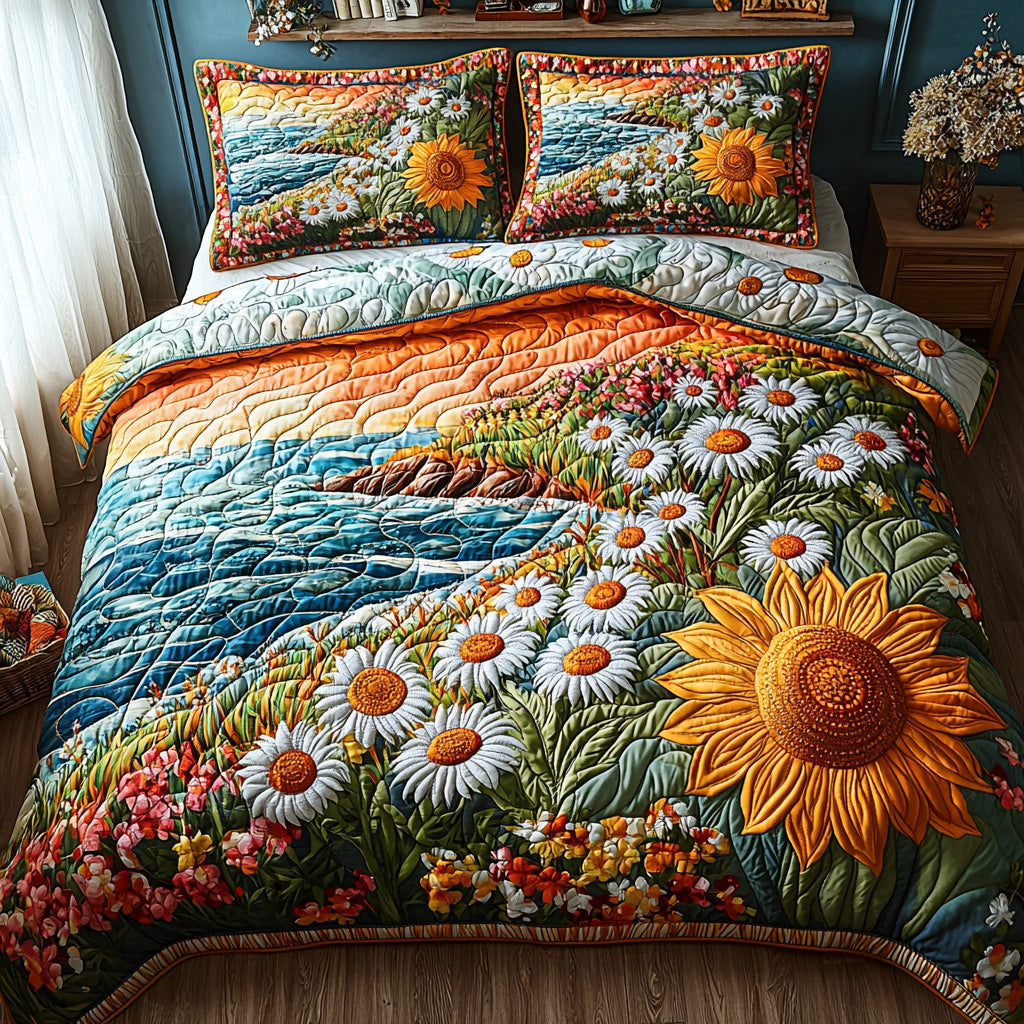 Sunburst Coast Quilted Bedding Set Bed Room Decoration Sunflower Gifts For Mom
