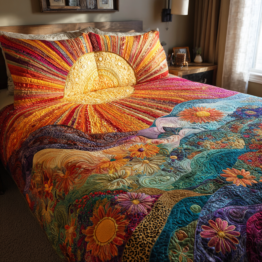 Sunburst Floral Quilted Bedding Set Best Bed Sheet Set Flower Daisy Gifts For Her
