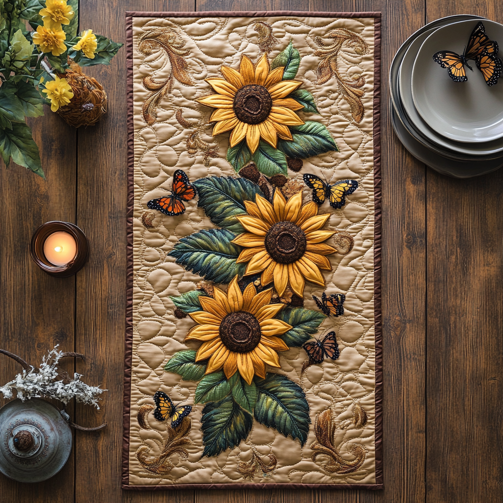 Sunburst Glow Quilted Table Runner Dining Room Decor Sunflower Gift Items