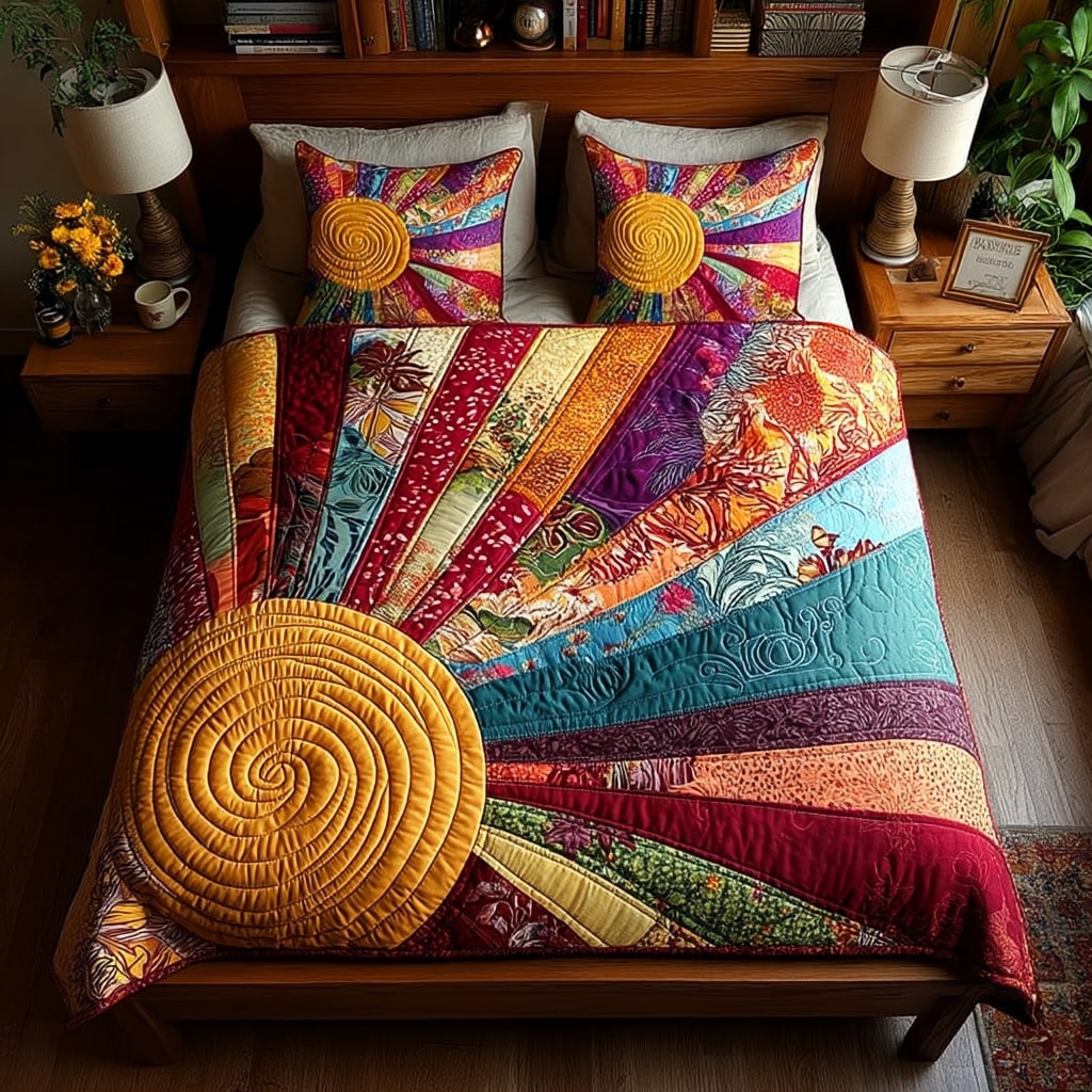 Sunburst Melody Quilt Quilted Bedding Set Full Size Comforter Cozy Gift For Grandma