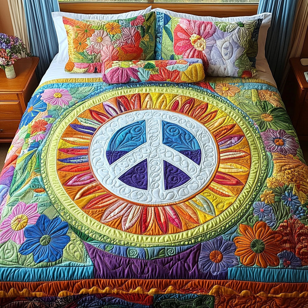Sunburst Peace Quilted Bedding Set Bed Decorations Christmas Gifts For Hippie Mom