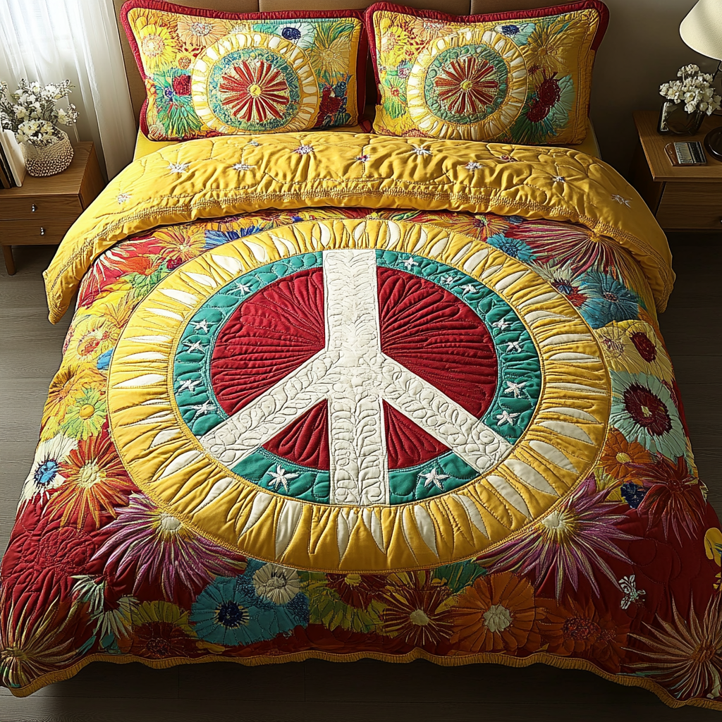 Sunburst Peace Quilted Bedding Set Trendy Bedding Merch for Modern Homes