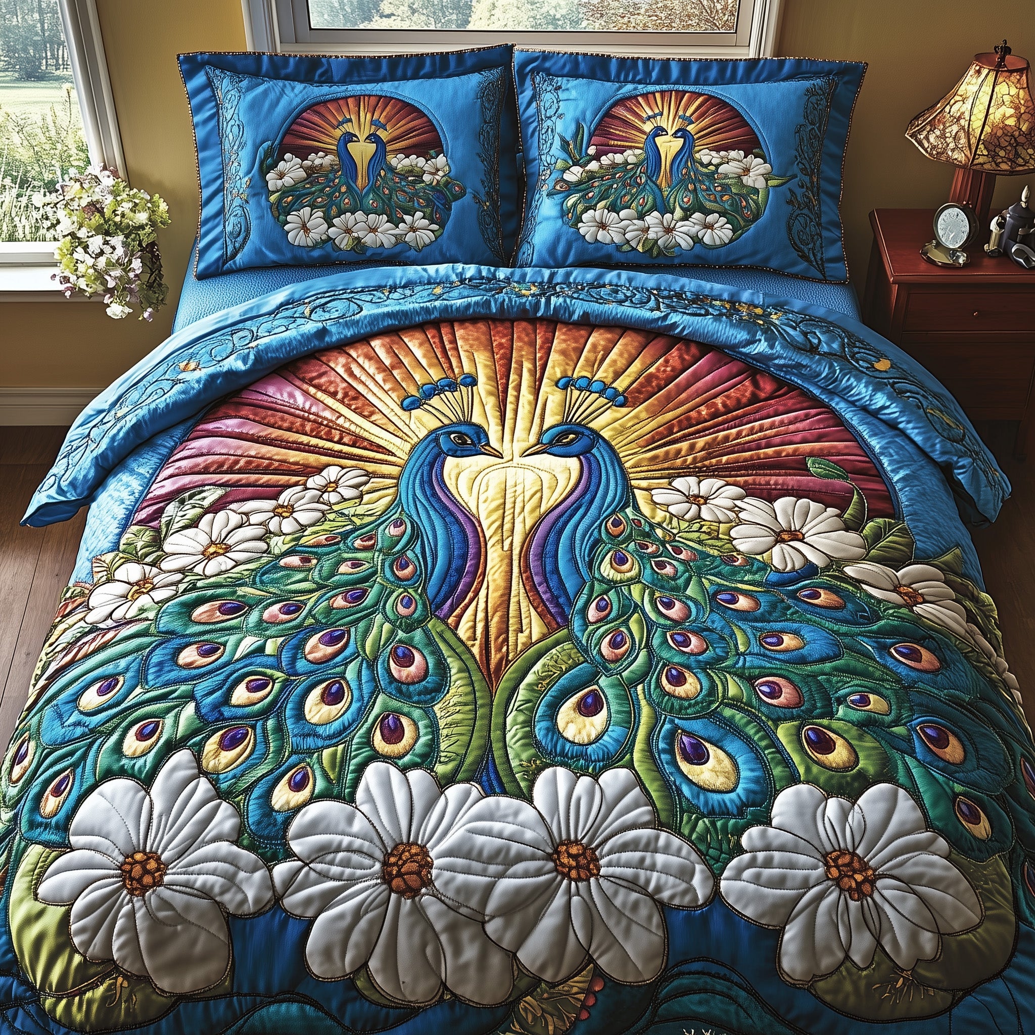 Sunburst Peacock Quilted Bedding Set Duvet Cover Merchandise Good Peacock Gifts For Her