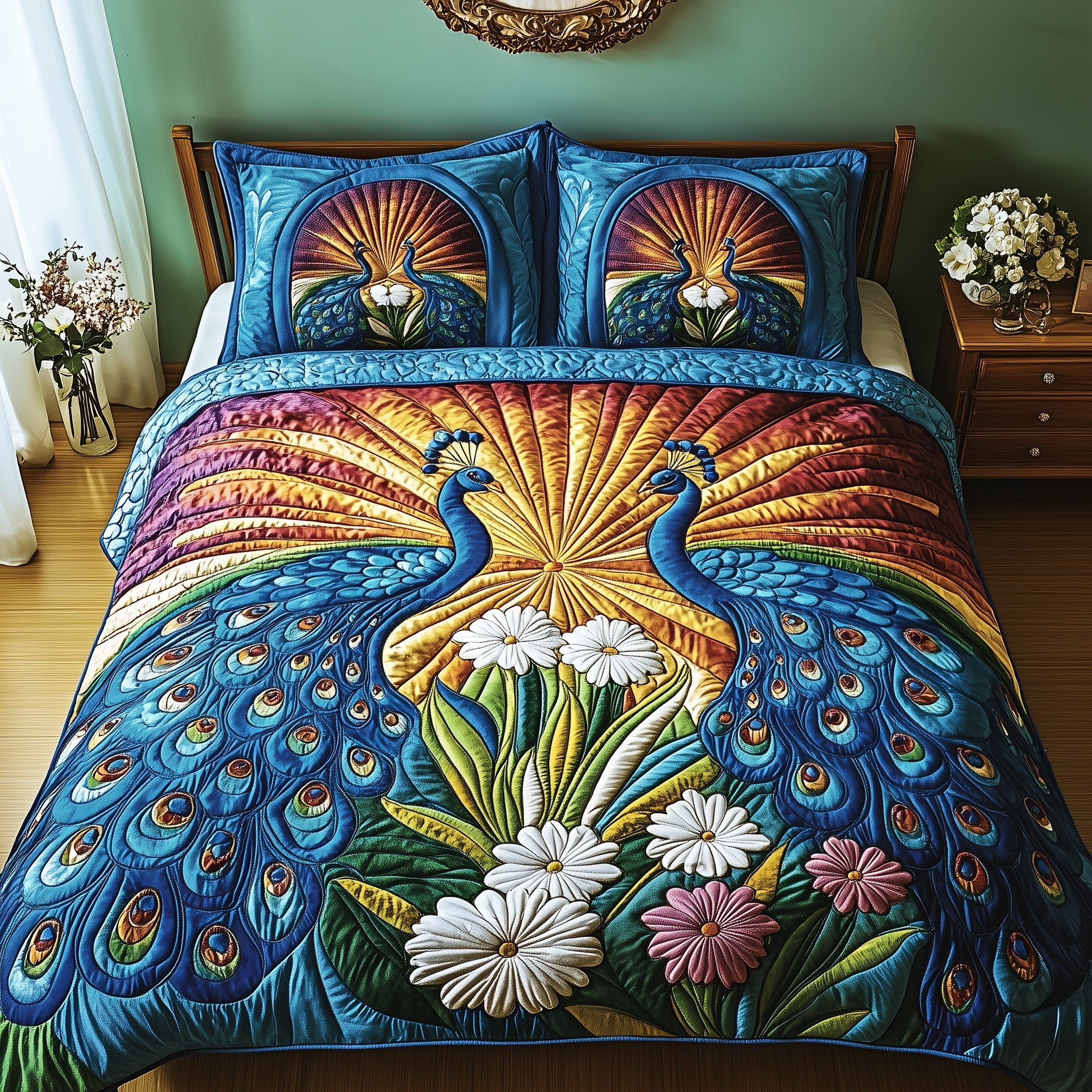 Sunburst Peacock Quilted Bedding Set Duvet Cover Merchandise Peacock Lovers Gifts For Women