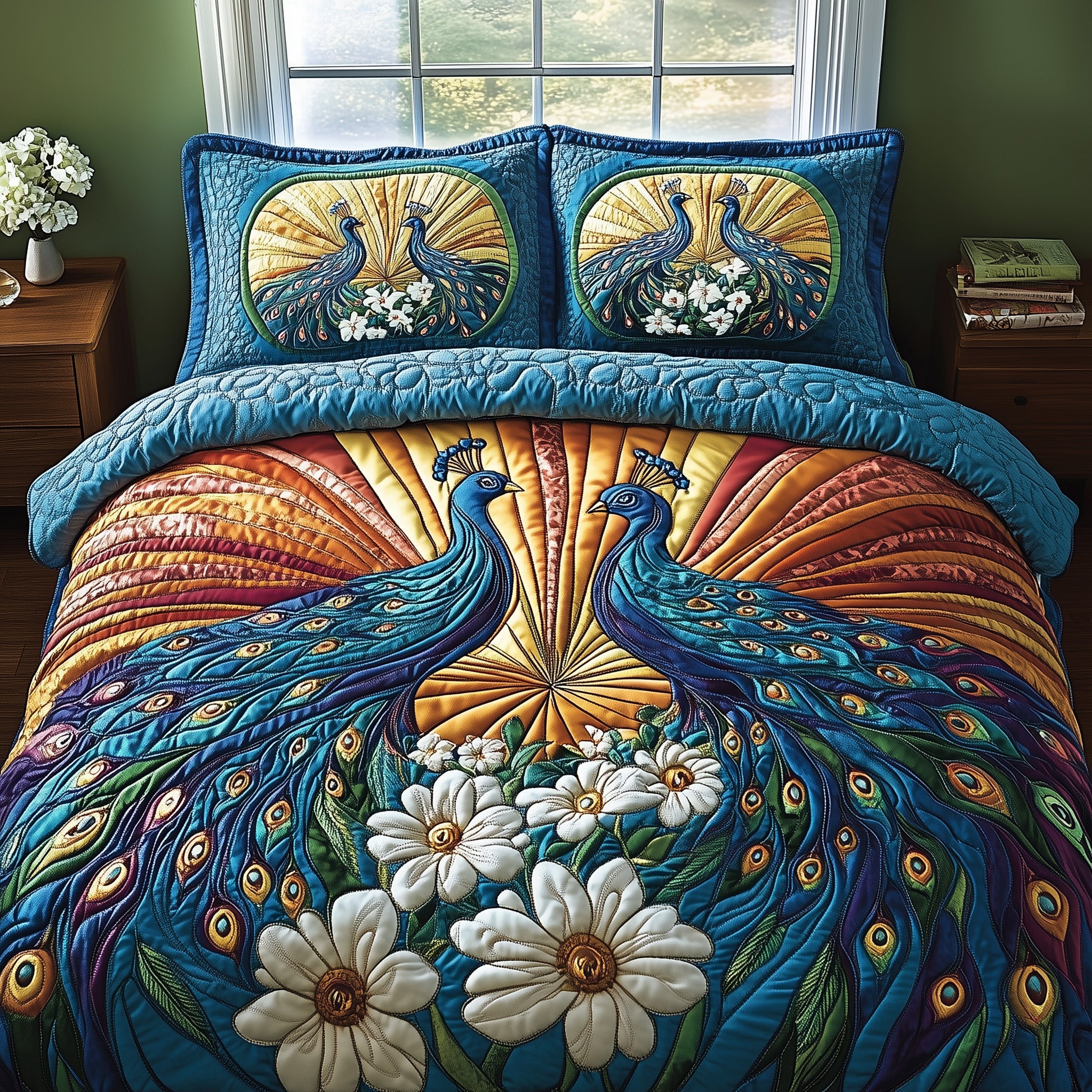Sunburst Peacock Quilted Bedding Set Duvet Cover Merchandise Unique Peacock Themed Gifts