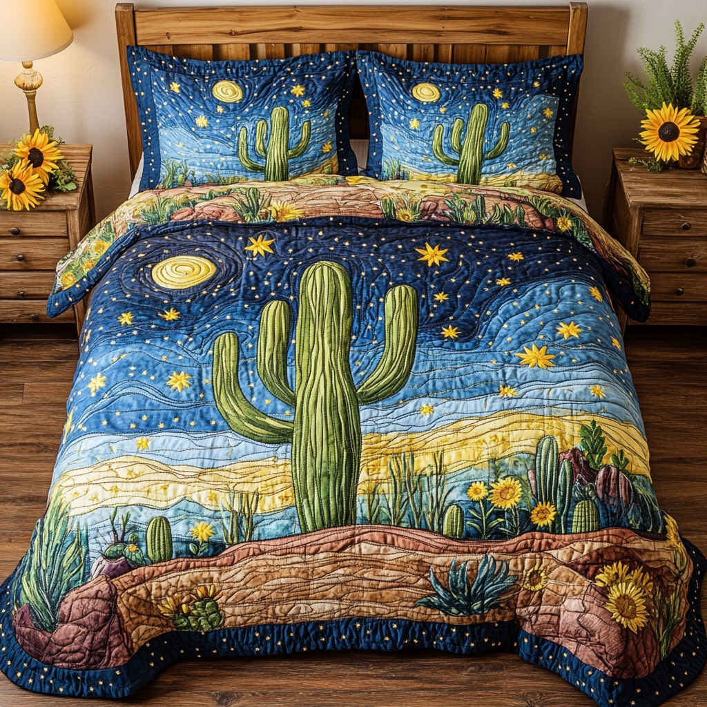 Sundown Desert Quilted Bedding Set Best Bedspread Set Cactus For Birthday Gift