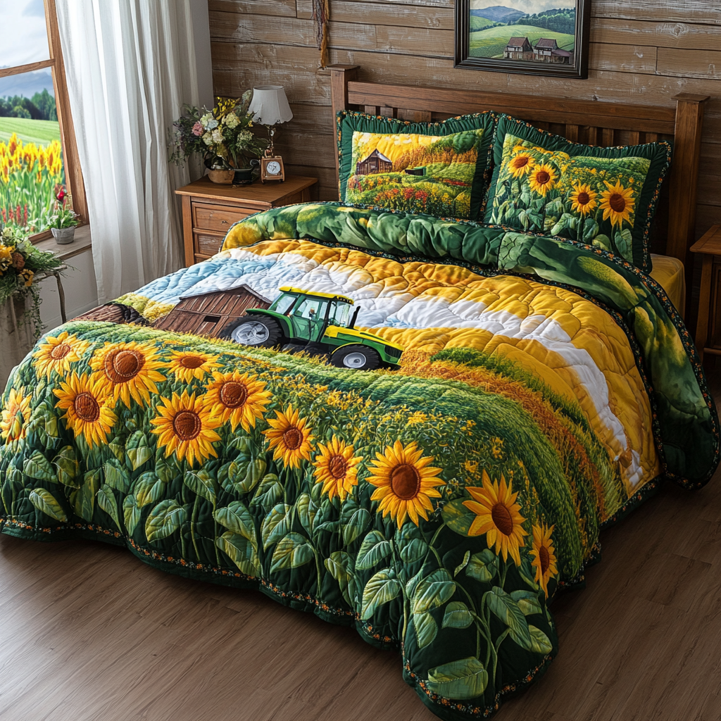 Sunflare Bloom Quilted Bedding Set Bed Decor Sunflower Gift Items