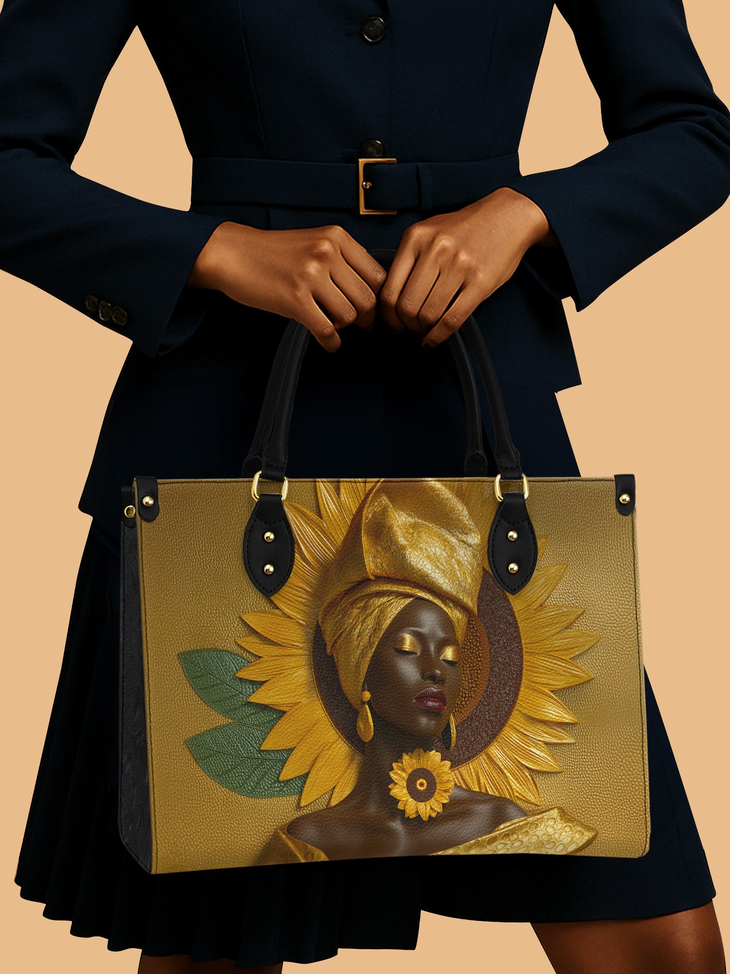 Sunflower African Women Leather Handbag Black Women Empowerment Melanin Gift Ideas