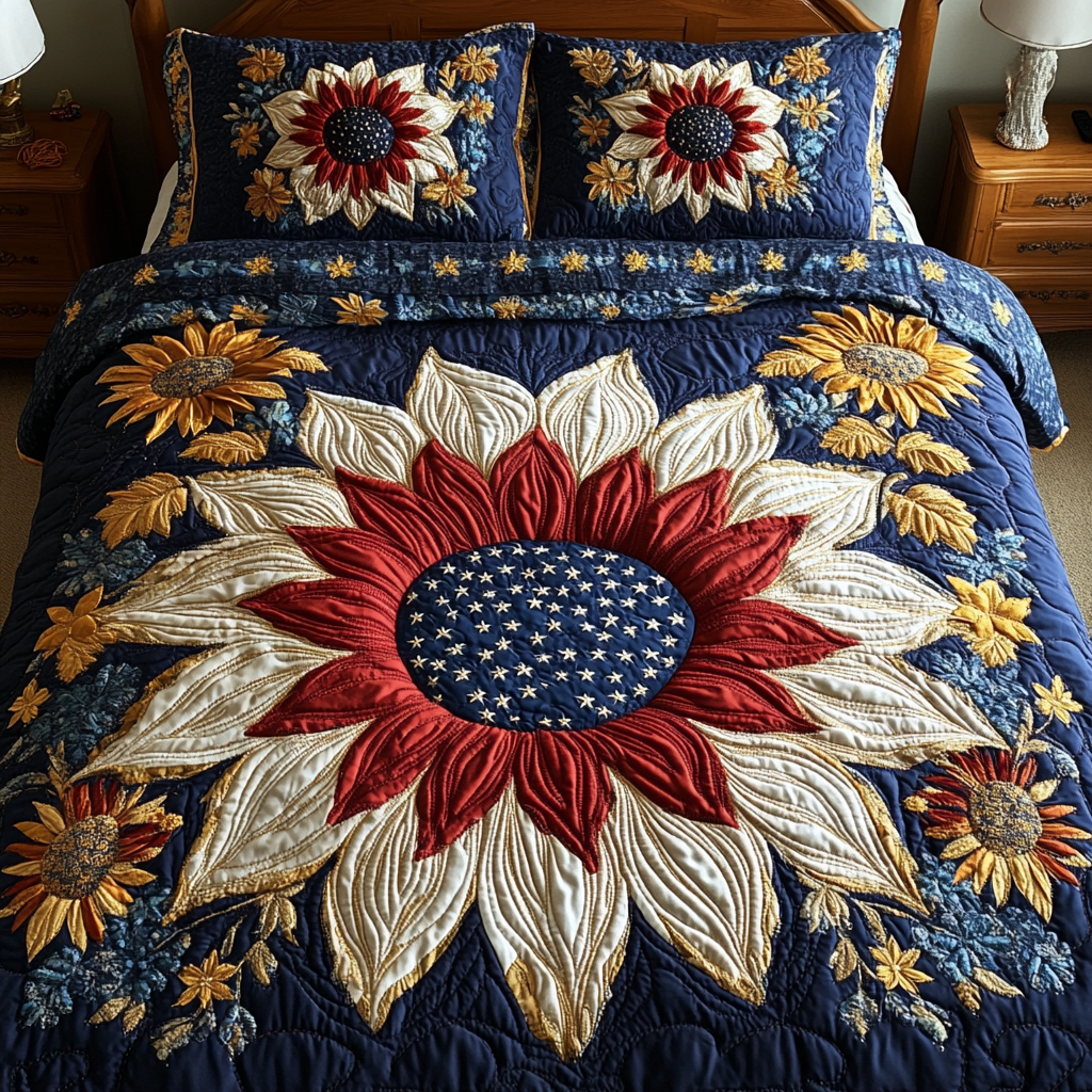 Sunflower Americana Quilted Bedding Set Bedroom Decor Ideas Patriotic Gifts For Her