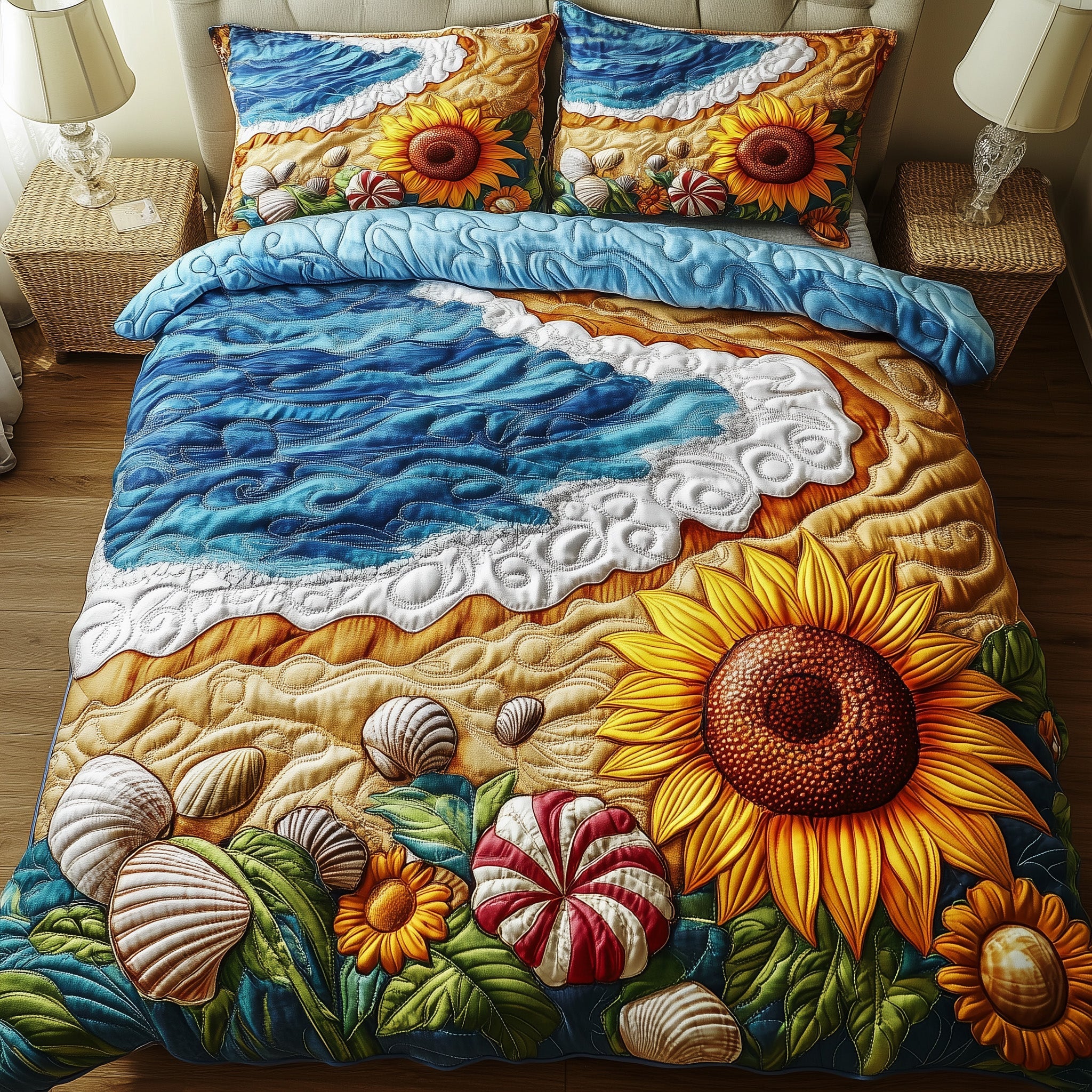 Sunflower Beach Quilted Bedding Set Duvet Cover Merchandise Best Gift For Beach Lover