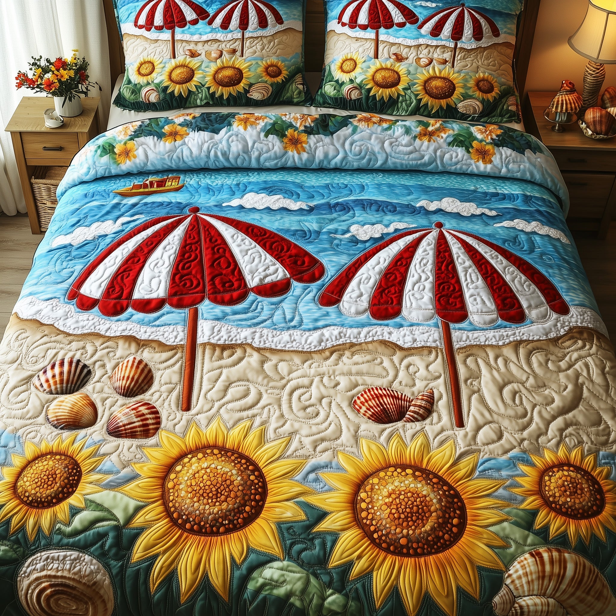 Sunflower Beach Quilted Bedding Set Duvet Cover Merchandise Best Gifts For Beach Lovers