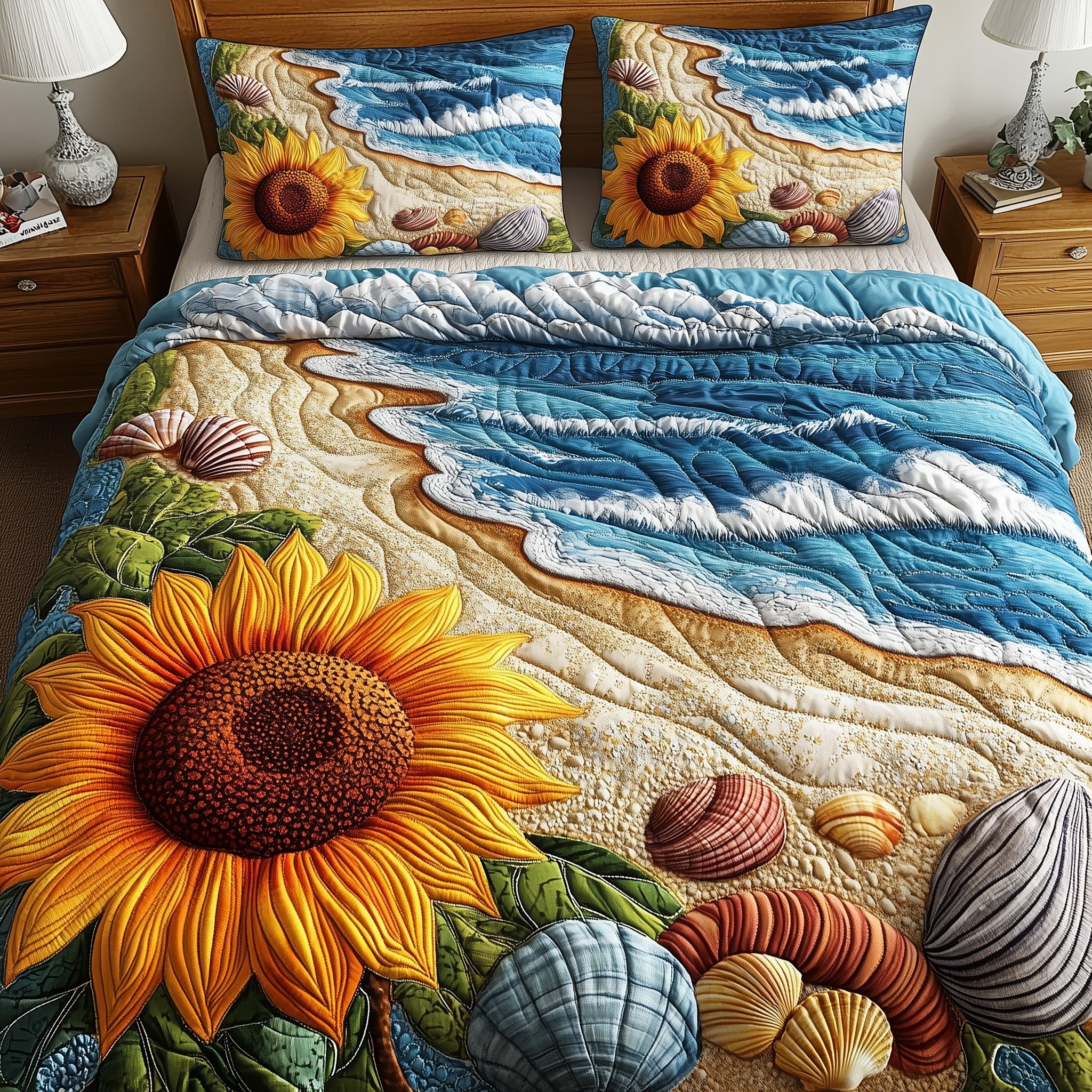 Sunflower Beach Quilted Bedding Set Duvet Cover Merchandise Best Gifts For The Beach Lover