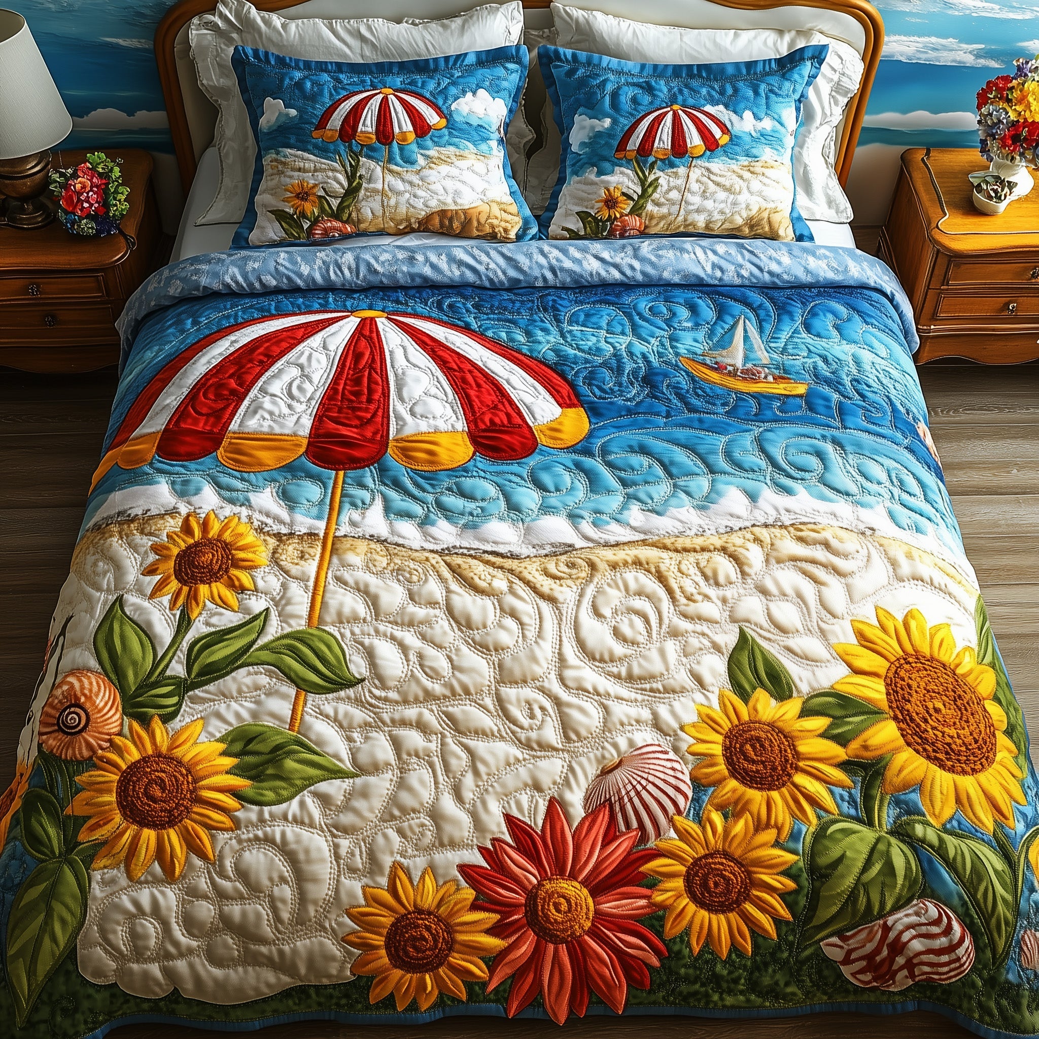 Sunflower Beach Quilted Bedding Set Duvet Cover Merchandise Christmas Gifts For Beach Goers