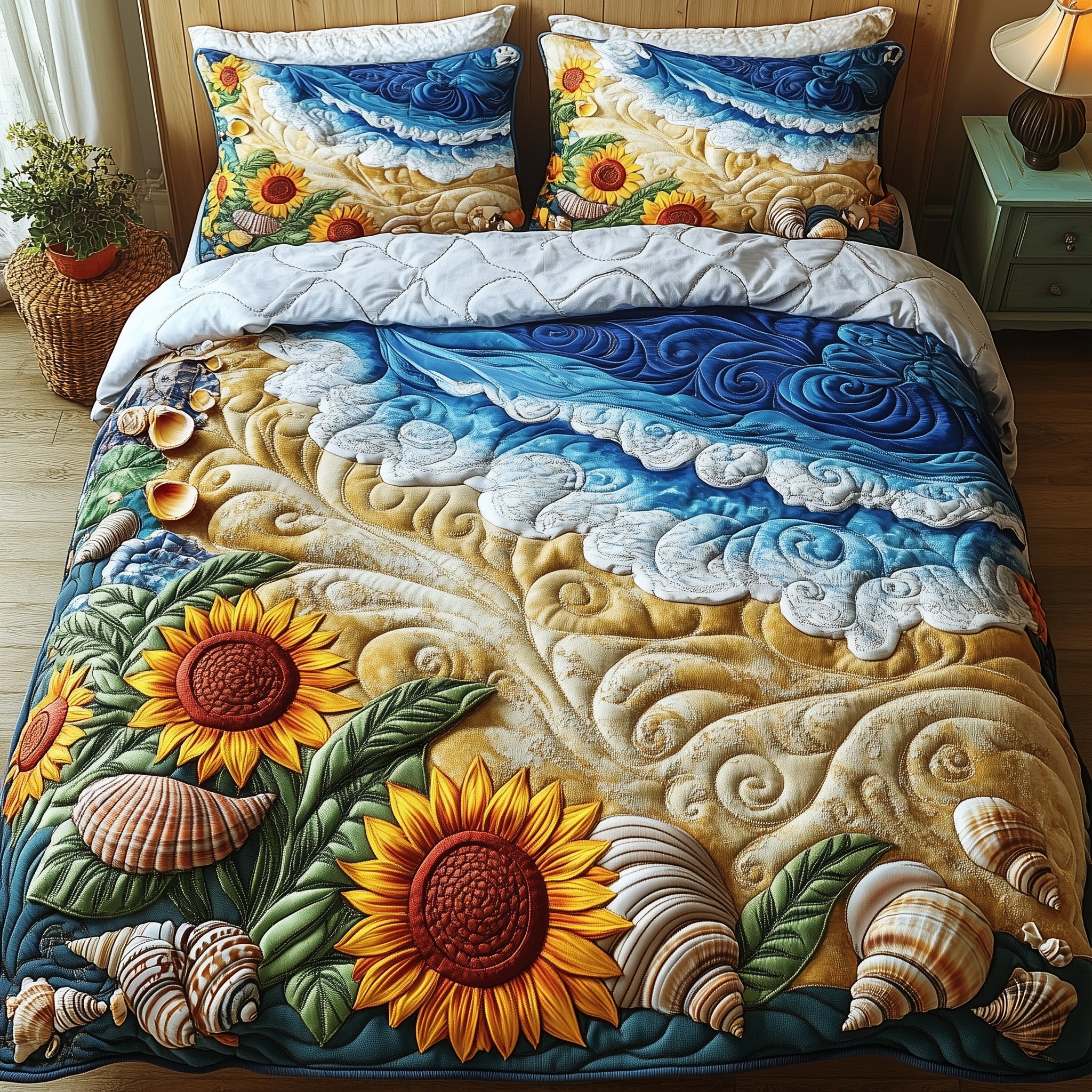 Sunflower Beach Quilted Bedding Set Duvet Cover Merchandise Cool Gifts For Beach Lovers