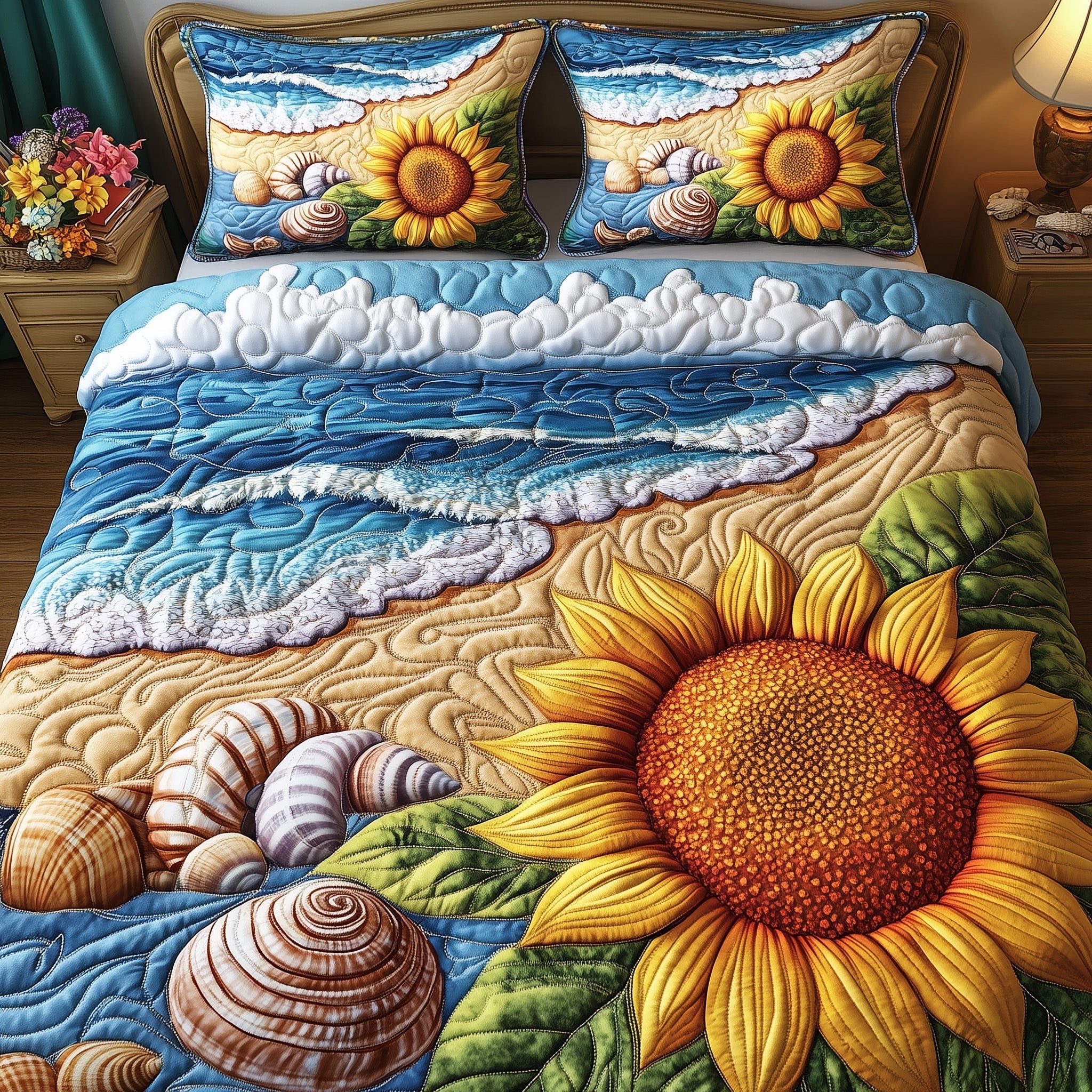 Sunflower Beach Quilted Bedding Set Duvet Cover Merchandise Gift For Beach Lover