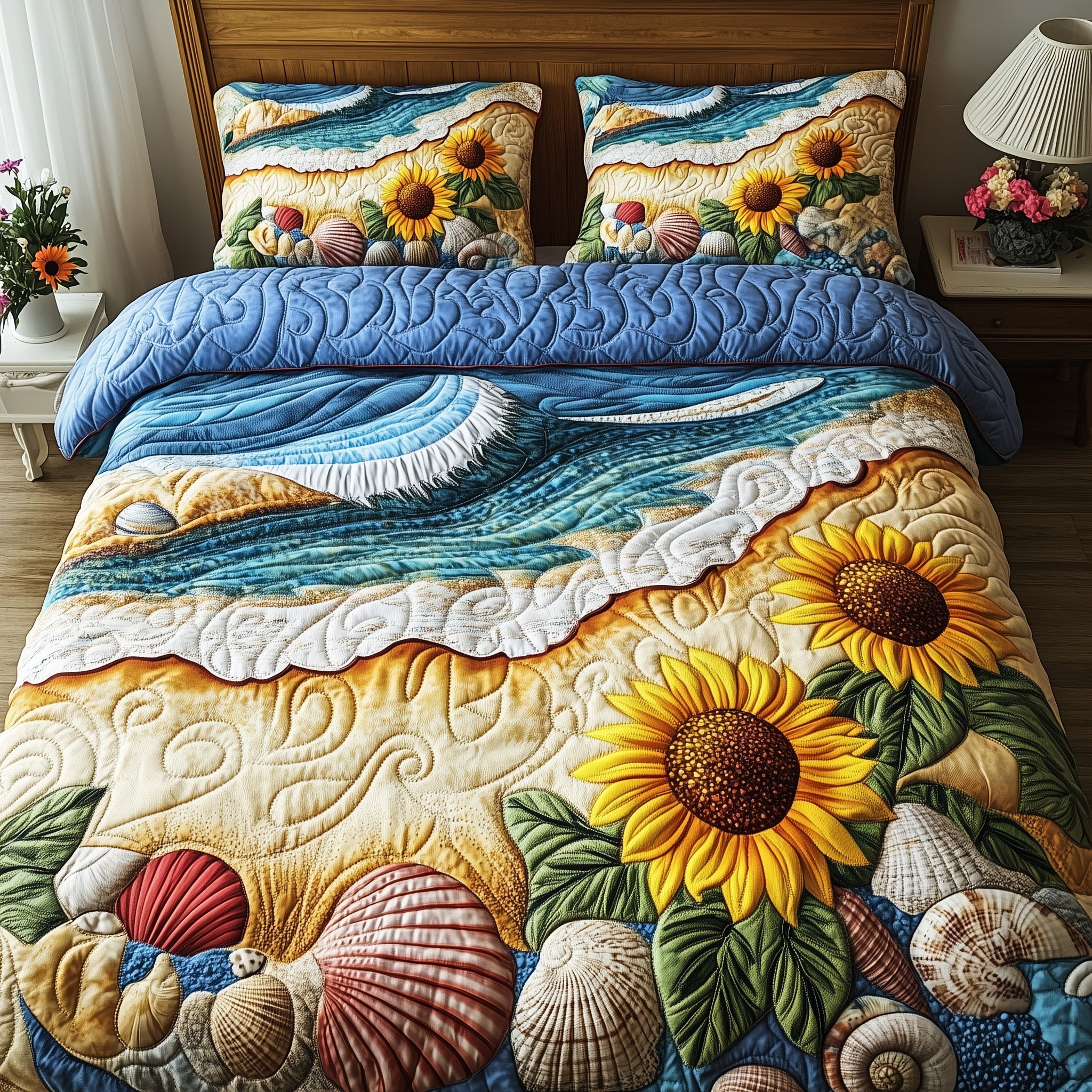 Sunflower Beach Quilted Bedding Set Duvet Cover Merchandise Gifts For People Who Love The Beach
