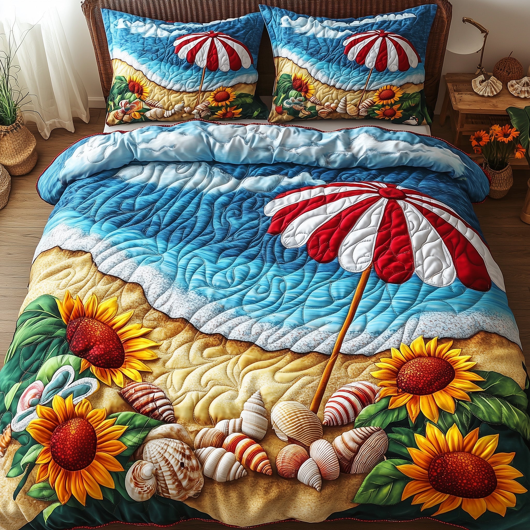 Sunflower Beach Quilted Bedding Set Duvet Cover Merchandise Gifts For Someone Who Likes The Beach